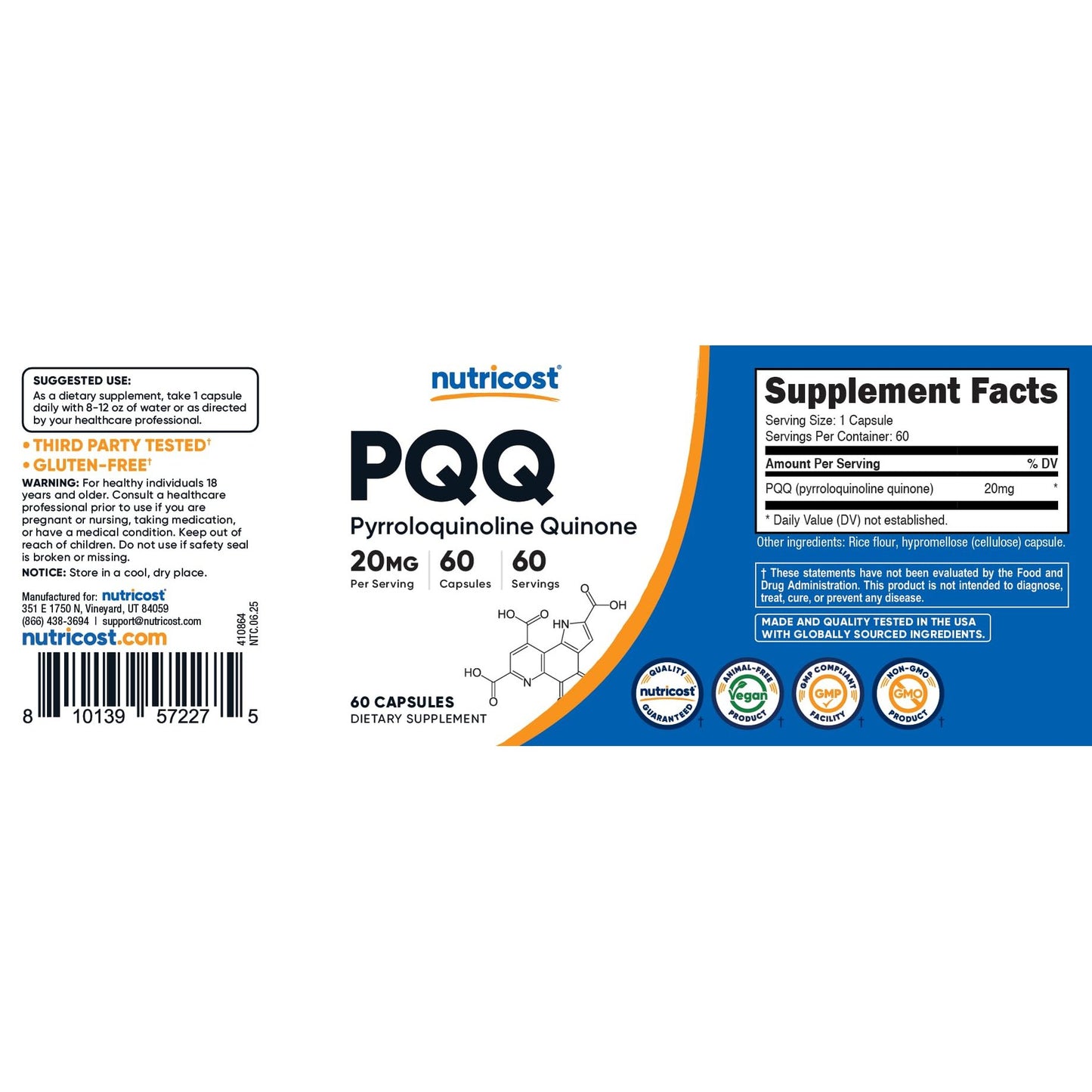 Nutricost PQQ (Pyrroloquinoline Quinone) 20mg, 60 Capsules - Vegetarian Capsules, Non-GMO, Gluten Free - Medaid International