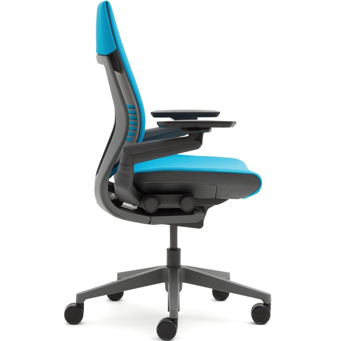 Steelcase Gesture Office Chair - Black Leather, Medium Seat Height, Wrapped Back, Dark on Dark Frame, Lumbar Support - Medaid International