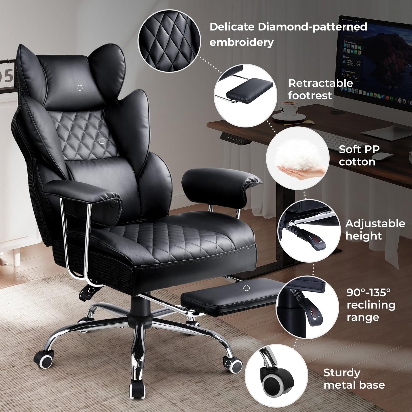 COMHOMA Big and Tall Office Chair, High Back Leather Gaming Chair with Footrest, Executive Ergonomic Office Chair with Pocket Spring Lumbar Support and with Outward Fixed Soft Armrests - Medaid International