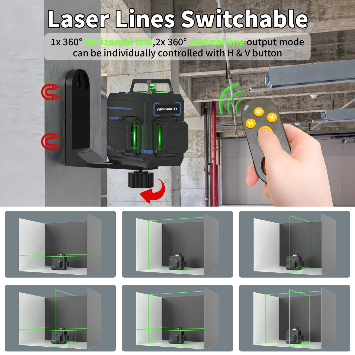 APOWER Laser Level 360 Self Leveling, 3 x 360° Cross Line Lazer Leveler Tool for Construction and Picture Hanging, Rechargeable Nivel Laser Outdoor, L-Magnetic Bracket Included - Medaid International