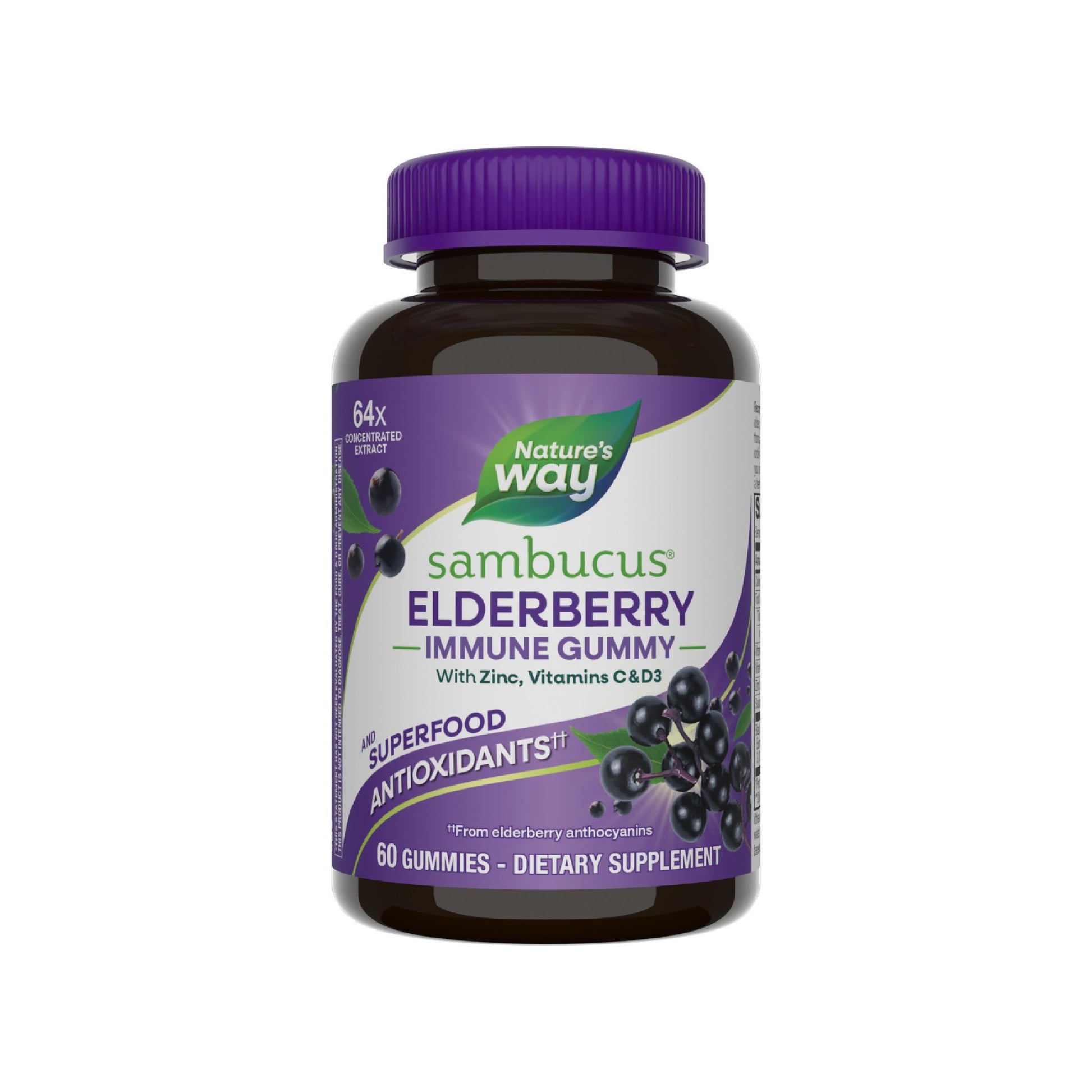 Nature’s Way Sambucus Elderberry Immune Support Gummies for Kids & Adults* with Black Elderberry Extract, Vitamin C, Vitamin D3, and Zinc, 60 Gummies (Packaging May Vary) - Medaid International