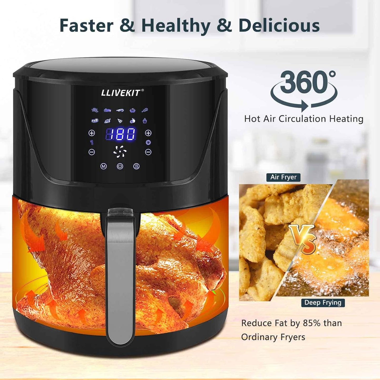 7L Large Air Fryer, 1800W + Digital Touch Screen - Black - Medaid International