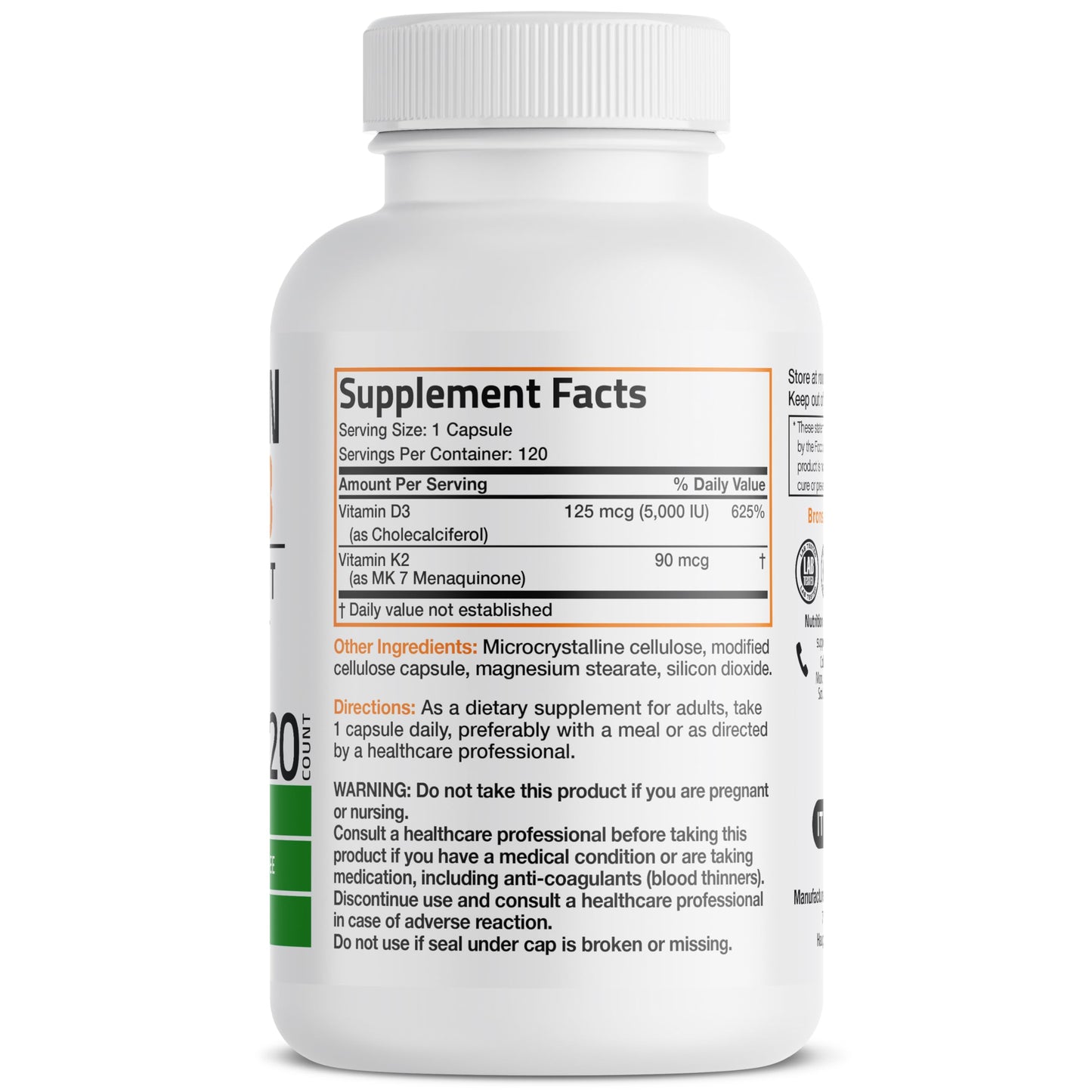Bronson Vitamin K2 (MK7) with D3 Supplement Non-GMO Formula 5000 IU Vitamin D3 & 90 mcg K2 MK-7 Easy to Swallow D & K Complex, 120 Capsules - Medaid International