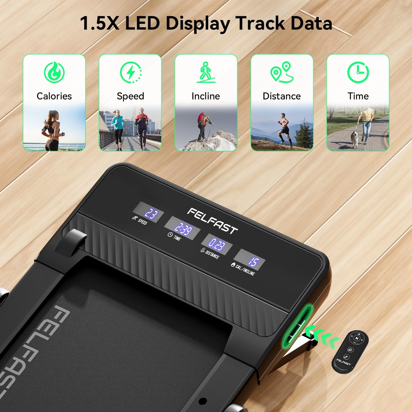 FelFast Walking Pad Treadmill with 15% 9° 8 Level Auto Incline, 2-in-1 Under Desk Foldable w/Remote Control, 12 HIIT Mode, 450 Lbs Max, 7.6 MPH Max, Portable Mini Treadmill for Office Home - Medaid International