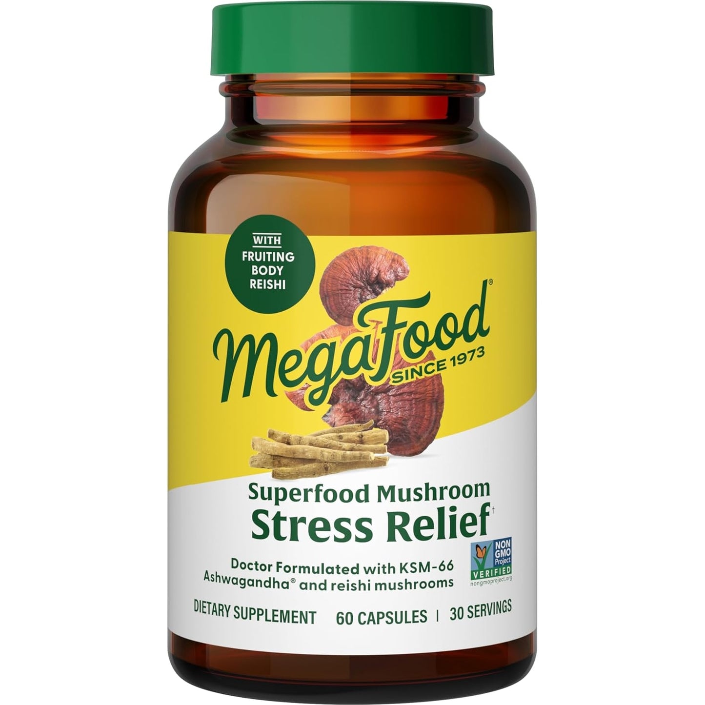 MegaFood Superfood Mushroom Stress Relief-Reishi Mushroom Supplement-Clinically Studied KSM-66 Ashwagandha-Vegan-60 Caps,30 Serve-1 Month Supply - Medaid International