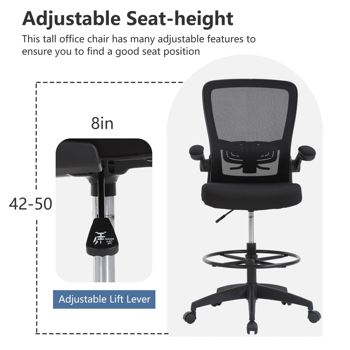 PayLessHere Ergonomic Drafting Chair Tall Office Chair High Adjustable Standing Desk Chair with Lumbar Support Mesh Back Footrest Flip-Up Arms for Office Computer Desk Standing Desk (Black) - Medaid International