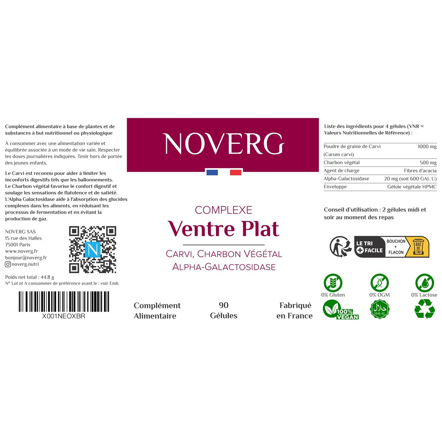 Ventre Plat | Ballonnements, Ventre Gonflé, Flatulences, Gaz | Carvi, Charbon Végétal, Inuline | Vegan | 90 Gélules | Fabriqué en France - Medaid International