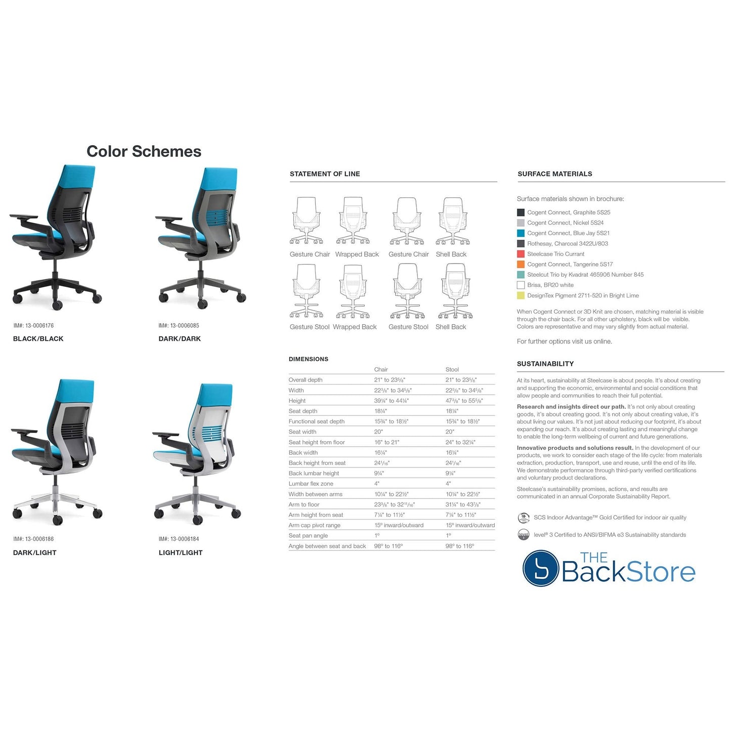 Steelcase Gesture Office Desk Chair with Headrest, Cogent Connect Licorice 5S26 Fabric, Medium Seat Height, Light on Dark Frame, Lumbar Support, and Hard Floor Casters - Medaid International