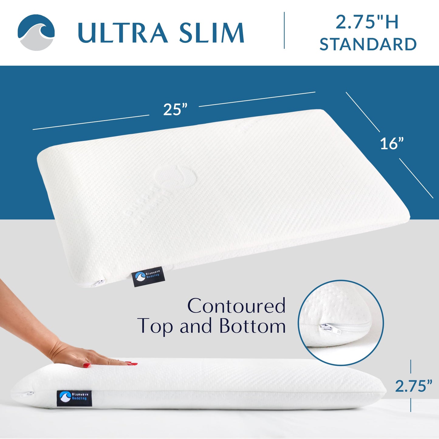 Bluewave Bedding Ultra Slim Gel Memory Foam Pillow for Stomach and Back Sleepers - Thin, Flat Design for Cervical Neck Alignment and Deeper Sleep (2.75-Inches Height, Standard Size) - Medaid International