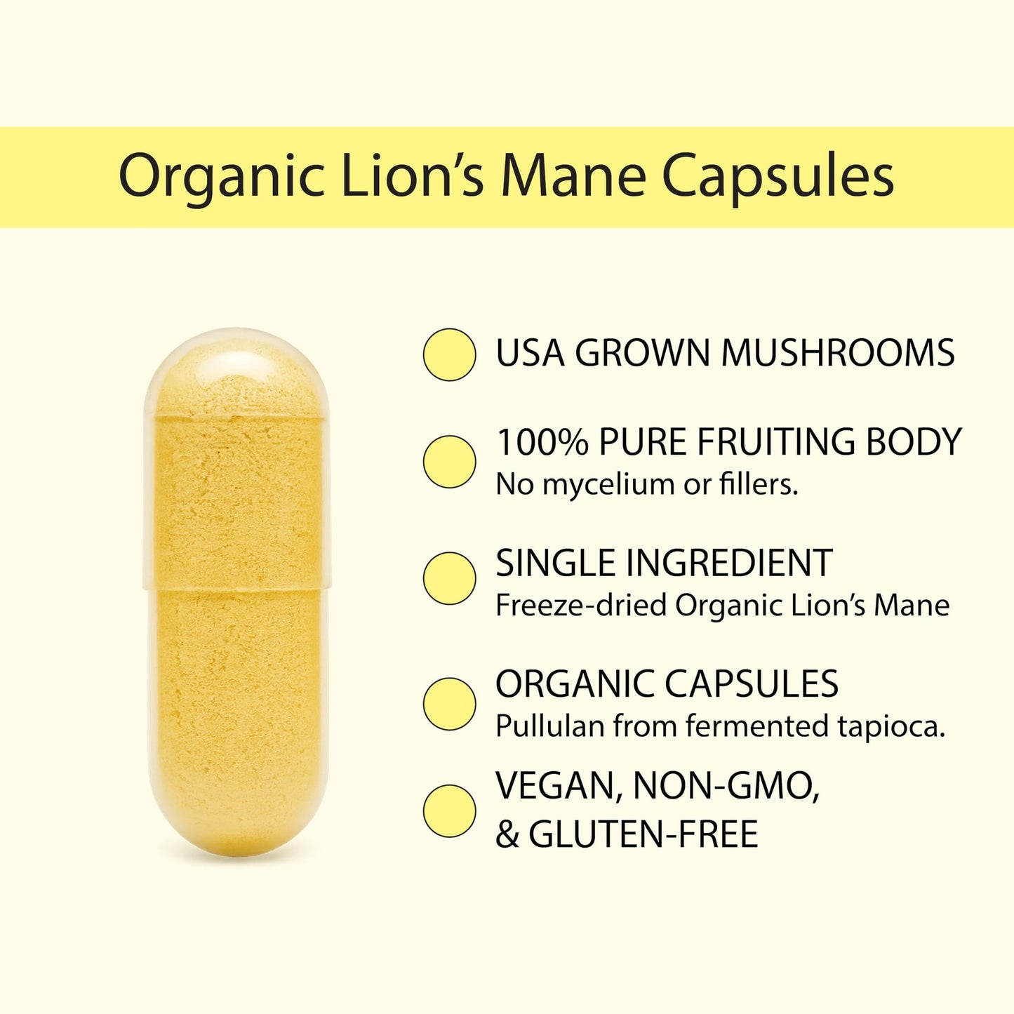 KOYAH Organic Lion's Mane Capsules - USA Grown, 100% Fruiting Body, Freeze-Dried, 3rd Party Tested for Beta-Glucans, 500 mg, Non-GMO, Vegan. Brain & Nerve Support. Immune Support. 60 Capsules - Medaid International
