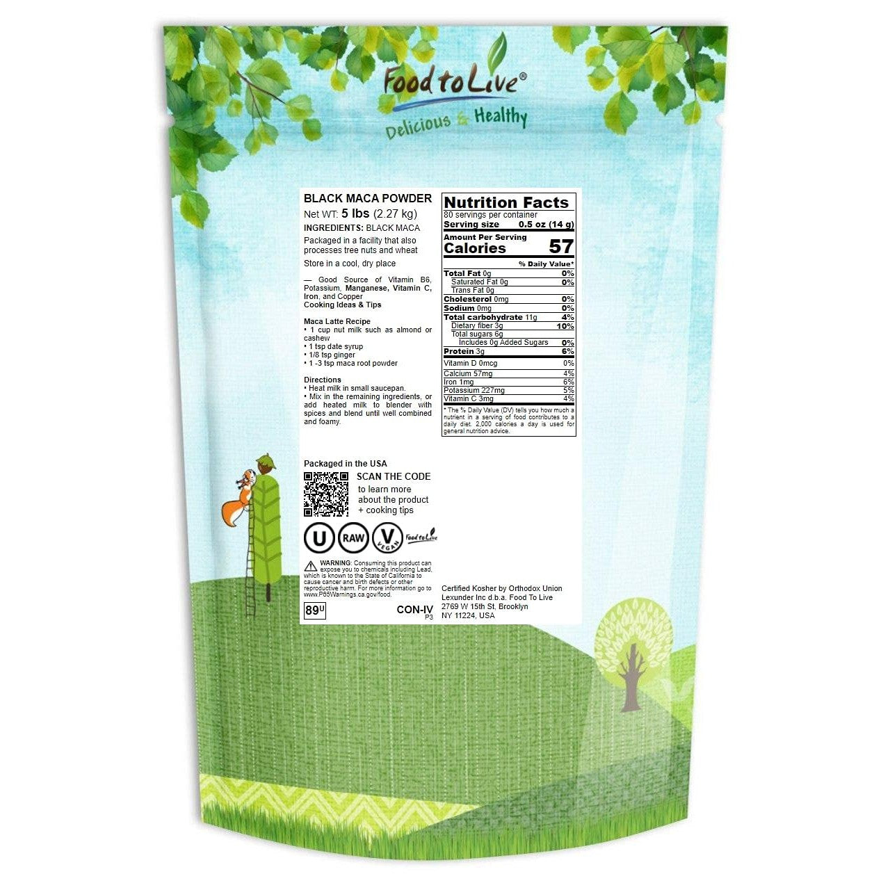 Food to Live - Black Maca Powder, 5 Pounds - Finely Ground Raw Dried Root, Kosher, Vegan, Non-Gelatinized Powder, Bulk - Medaid International