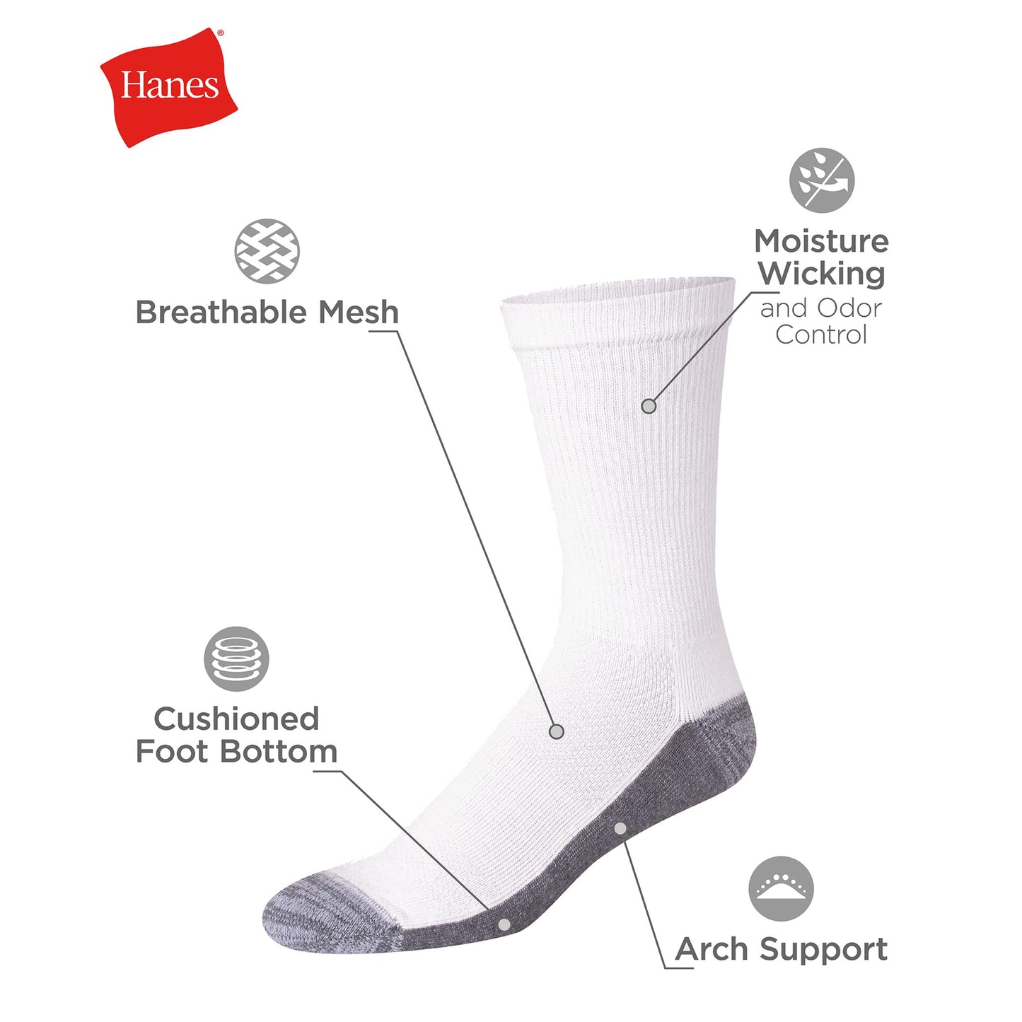 Hanes Men's, X-Temp Cushioned Crew Socks, 12-Pack, Black-12 Pack, 6-12 - Medaid International