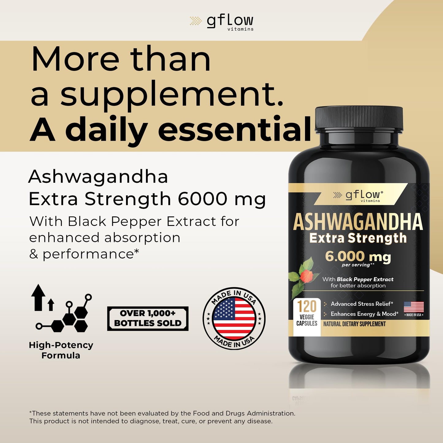 gflow vitamins Ashwagandha Supplements for Women and Men 6000mg | Sleep, Mood and Energy Support | Extra Strength, Vegan Friendly, Non-GMO, Made in USA - Medaid International