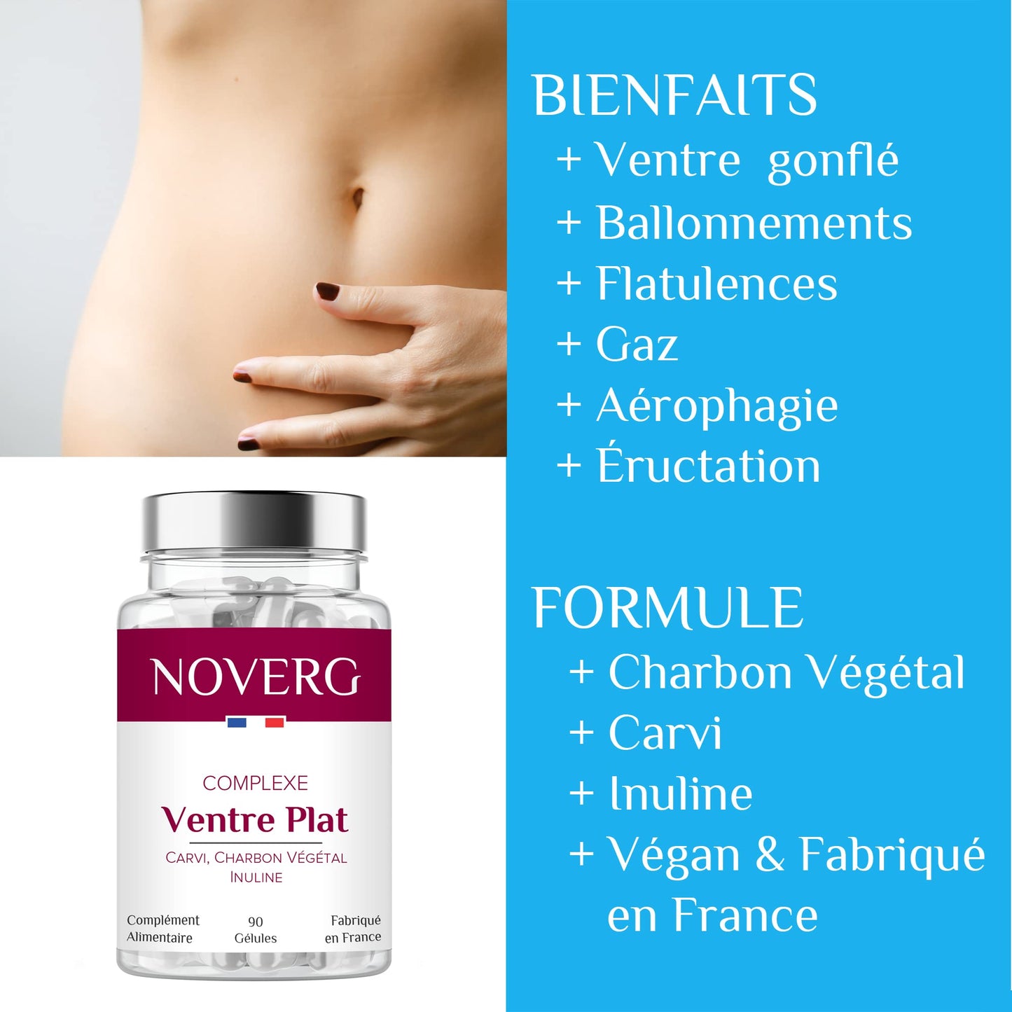 Ventre Plat | Ballonnements, Ventre Gonflé, Flatulences, Gaz | Carvi, Charbon Végétal, Inuline | Vegan | 90 Gélules | Fabriqué en France - Medaid International