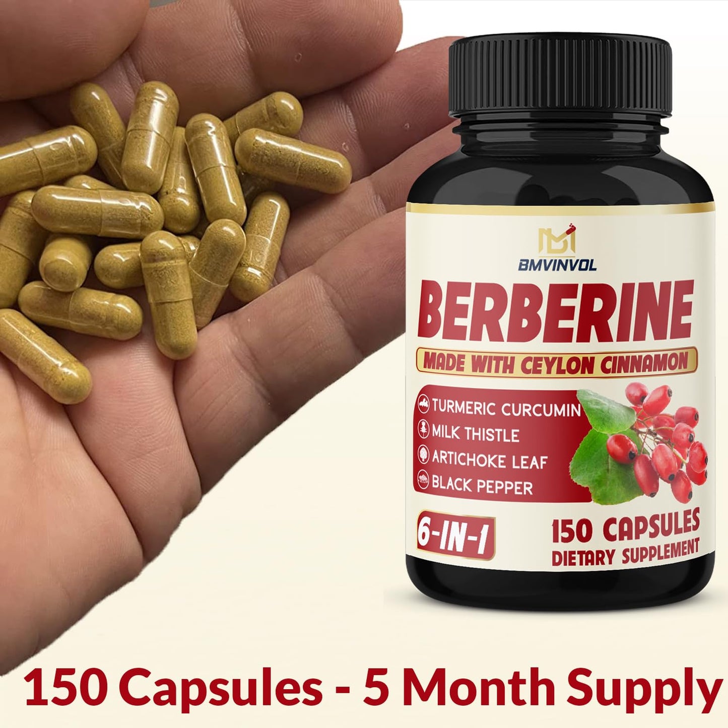 Berberine with Ceylon Cinnamon, Turmeric, Milk Thistle, Artichoke, Black Pepper - 150 Count - Pack of 1 - Medaid International