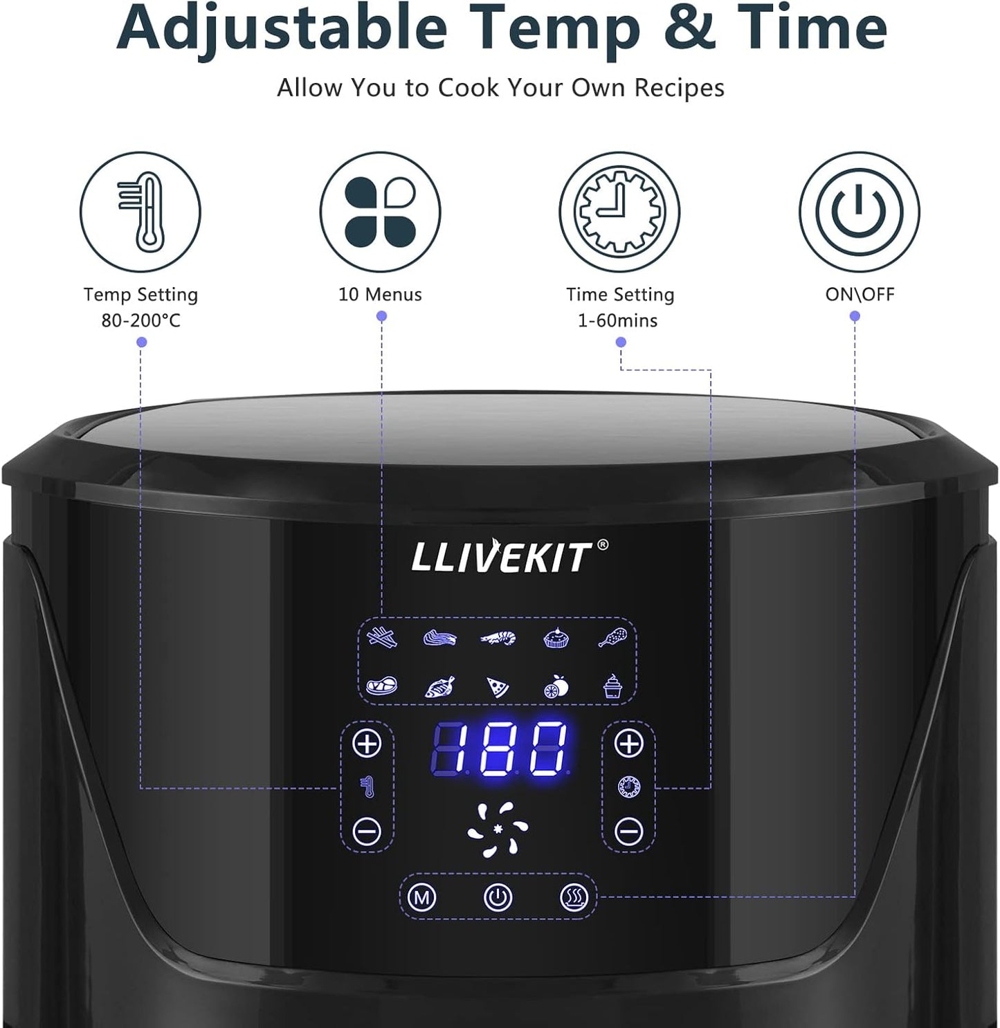 7L Large Air Fryer, 1800W + Digital Touch Screen - Black - Medaid International