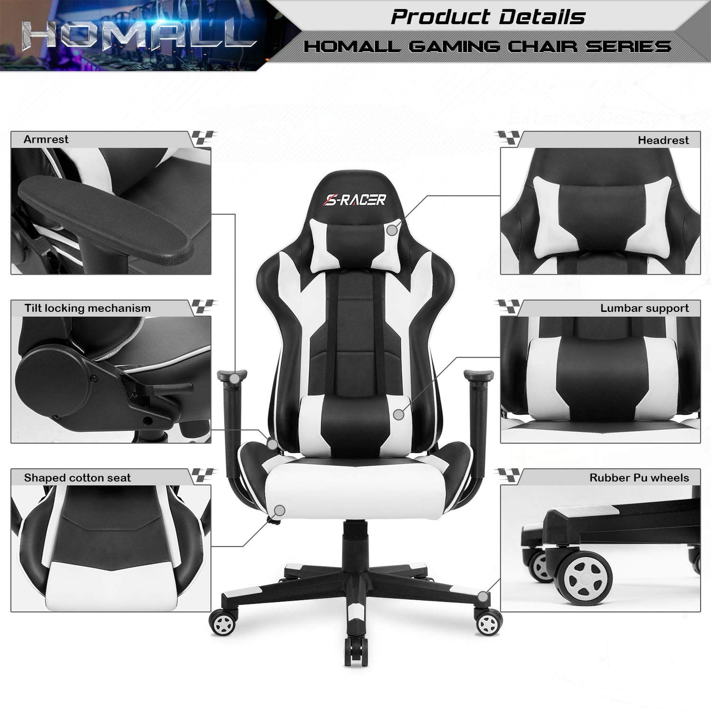 Homall Gaming Chair, Office Chair High Back Computer Chair Leather Desk Chair Racing Executive Ergonomic Adjustable Swivel Task Chair with Headrest and Lumbar Support (White) - Medaid International