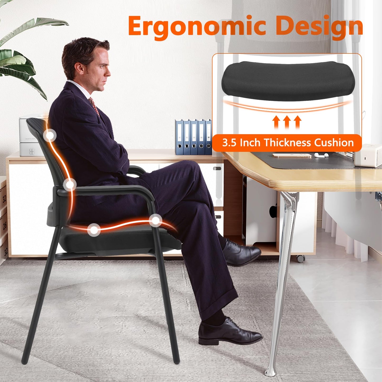 CLATINA Office Reception Guest Chair Mesh Back Stacking with Ergonomic Lumbar Support and Thickened Seat Cushion for Waiting Conference Room Black - Medaid International