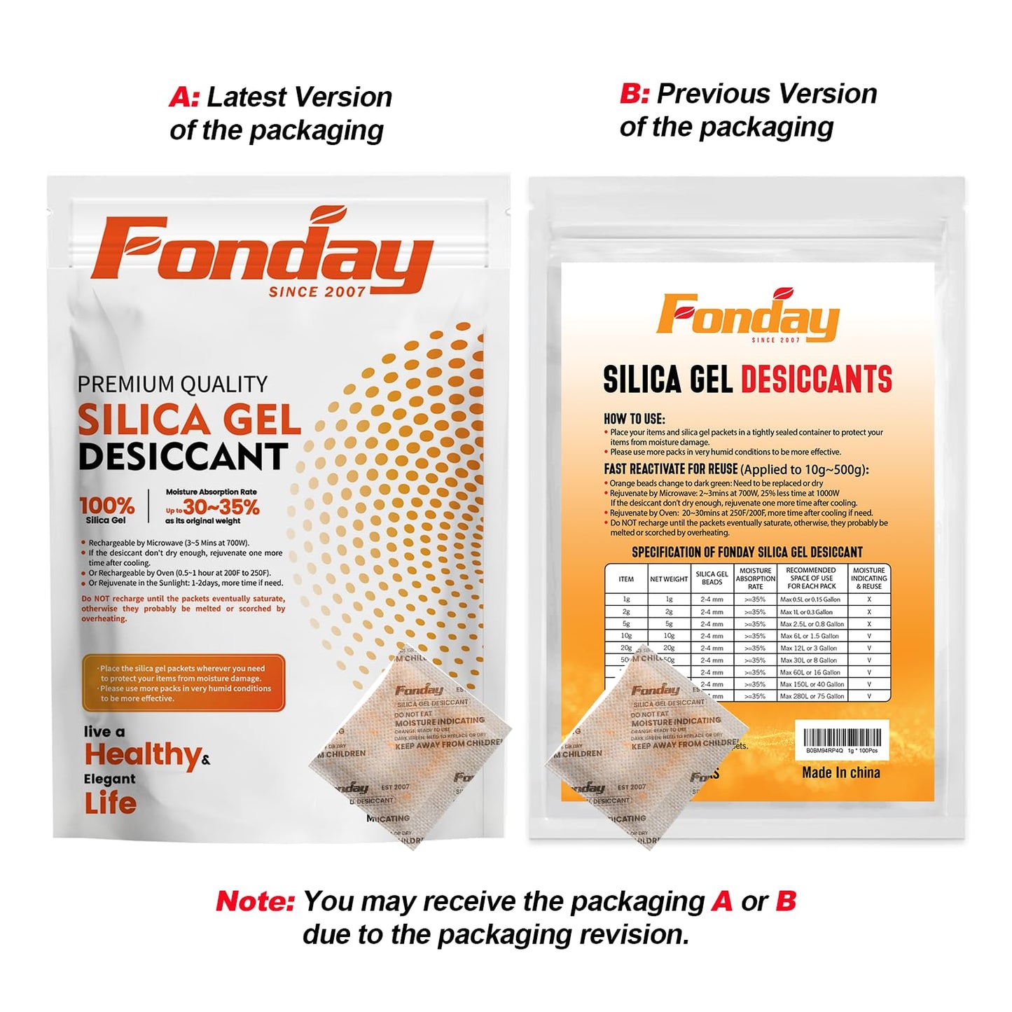 5g x 60 packs Fonday Rechargeable Silica Gel Desiccant Packets Food Grade Fast Reactivate Desiccant Bags Moisture Indicating Orange to Green - Medaid International
