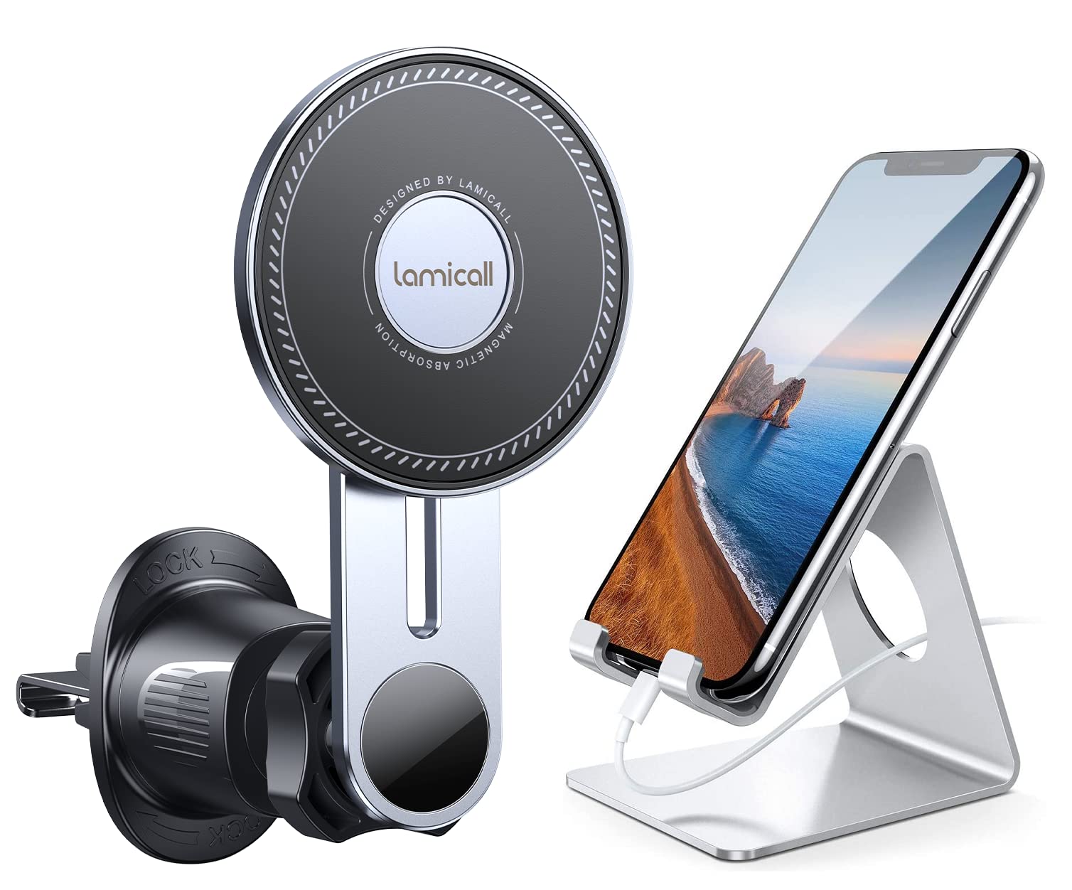 Lamicall Car Phone Mount Cell Phone Stand Silver -Bundle