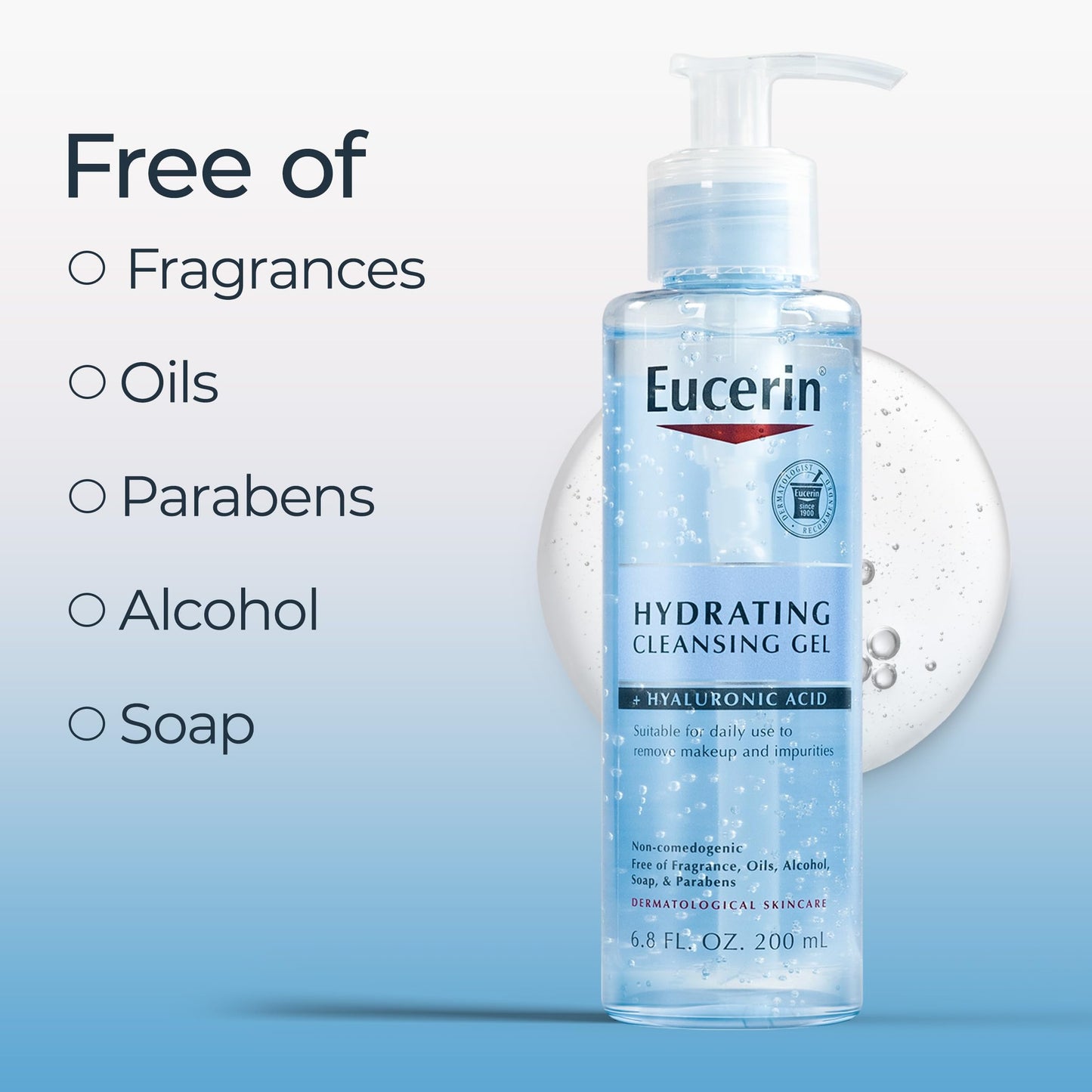 Eucerin Hydrating Cleansing Gel, Daily Face Wash and Makeup Remover Formulated with Hyaluronic Acid, 6.8 Fl Oz Bottle - Medaid International
