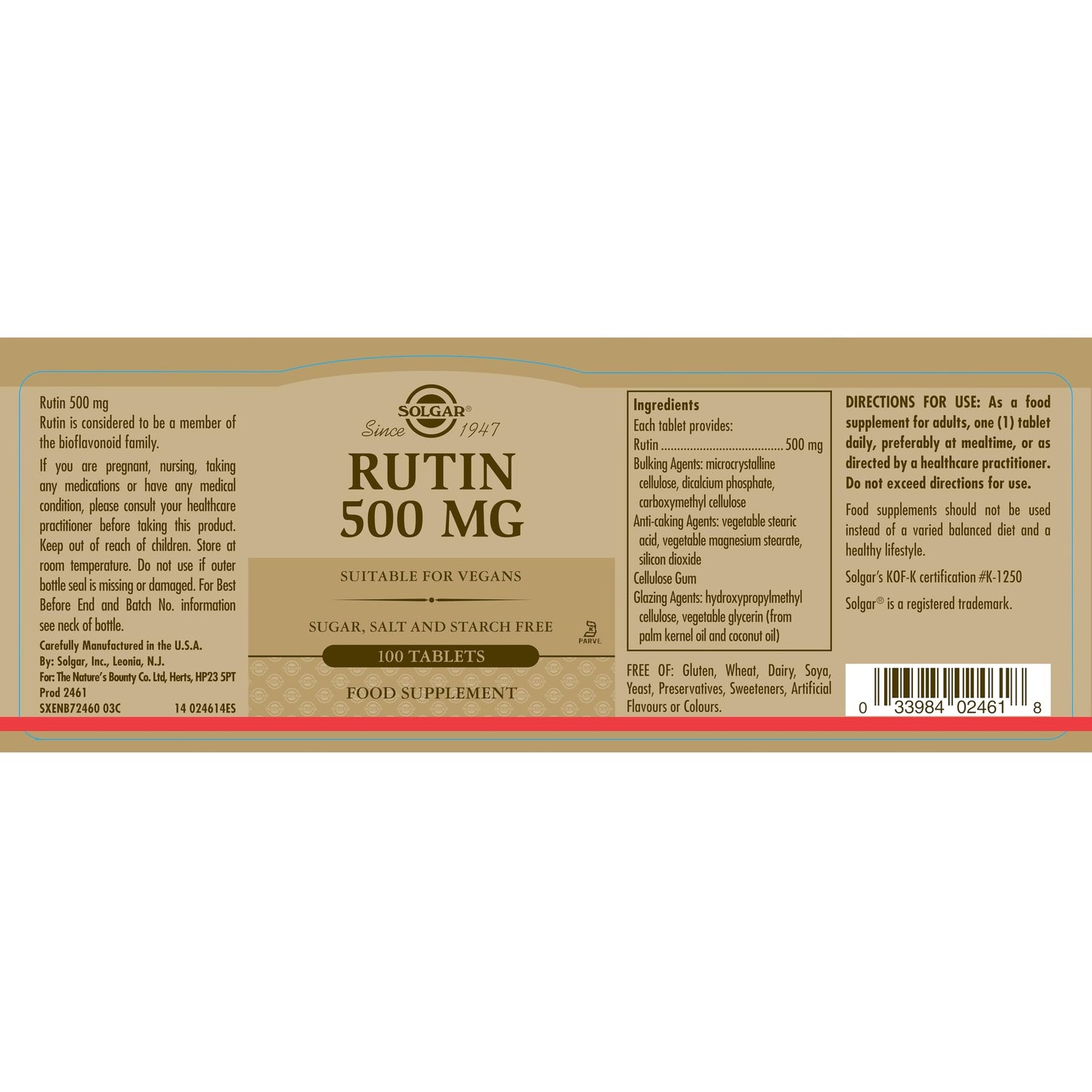 Solgar Rutin 500 mg, 100 Tablets - Antioxidant - Natural Bioflavonoid - Vegan, Gluten Free, Dairy Free, Kosher - 100 Servings - Medaid International