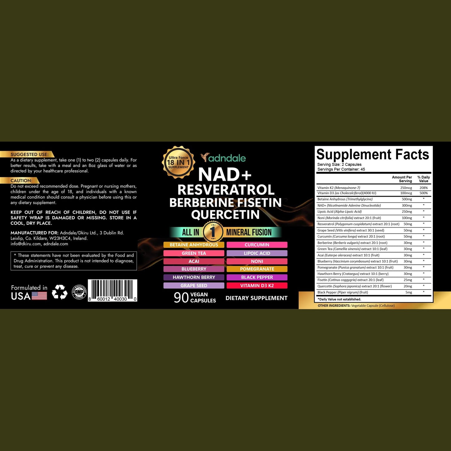 Adndale NAD Supplement. NMN Alternative Liposomal NAD+, Trans Resveratrol, Quercetin, Berberine, Betaine Anhydrous, Grape Seed, Fisetin. 90 Capsules - Medaid International