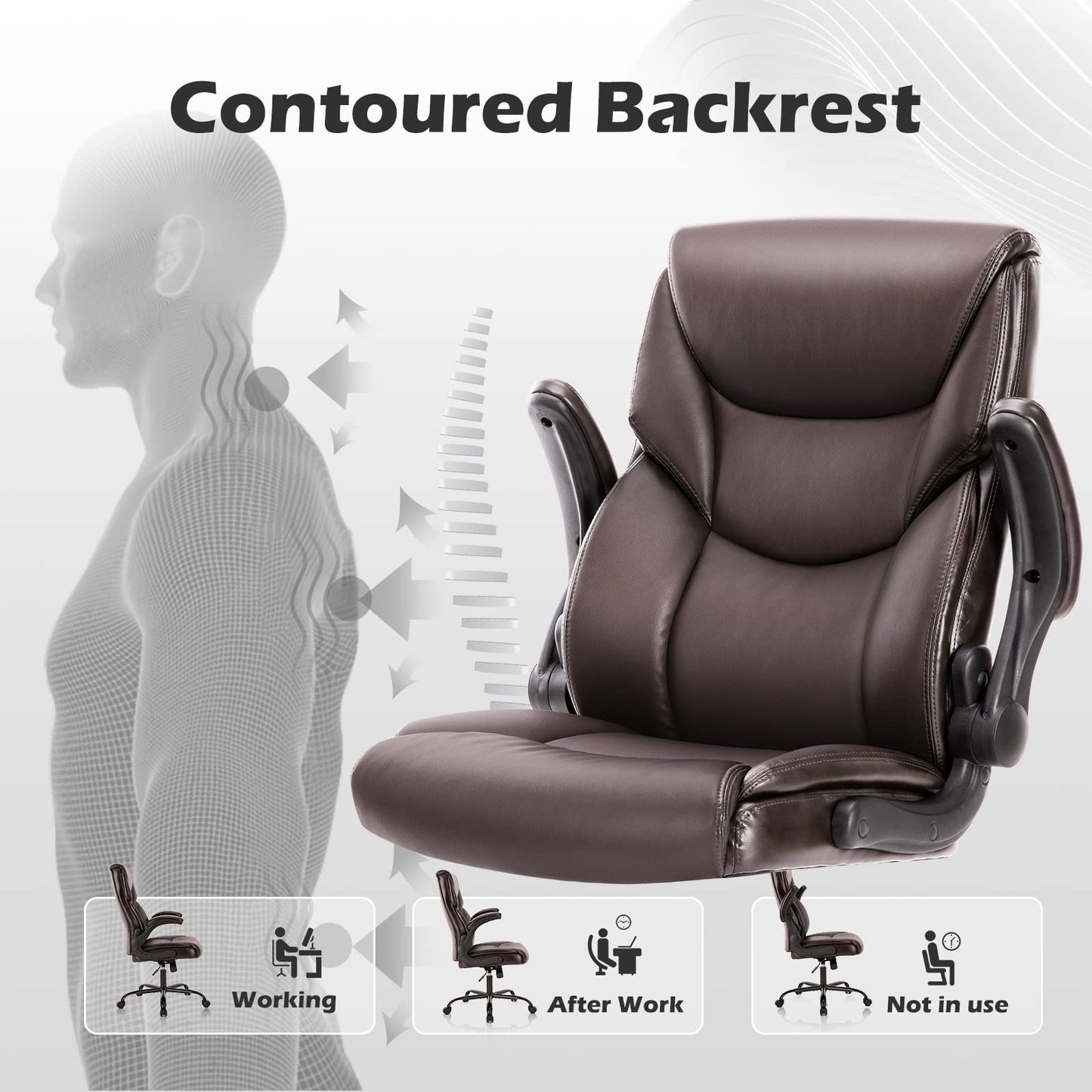 Executive Office Chair – Ergonomic Adjustable Computer Desk Chairs with High Back Flip-up Armrests, Swivel Task Chair with Lumbar Support, Bonded Leather - Medaid International