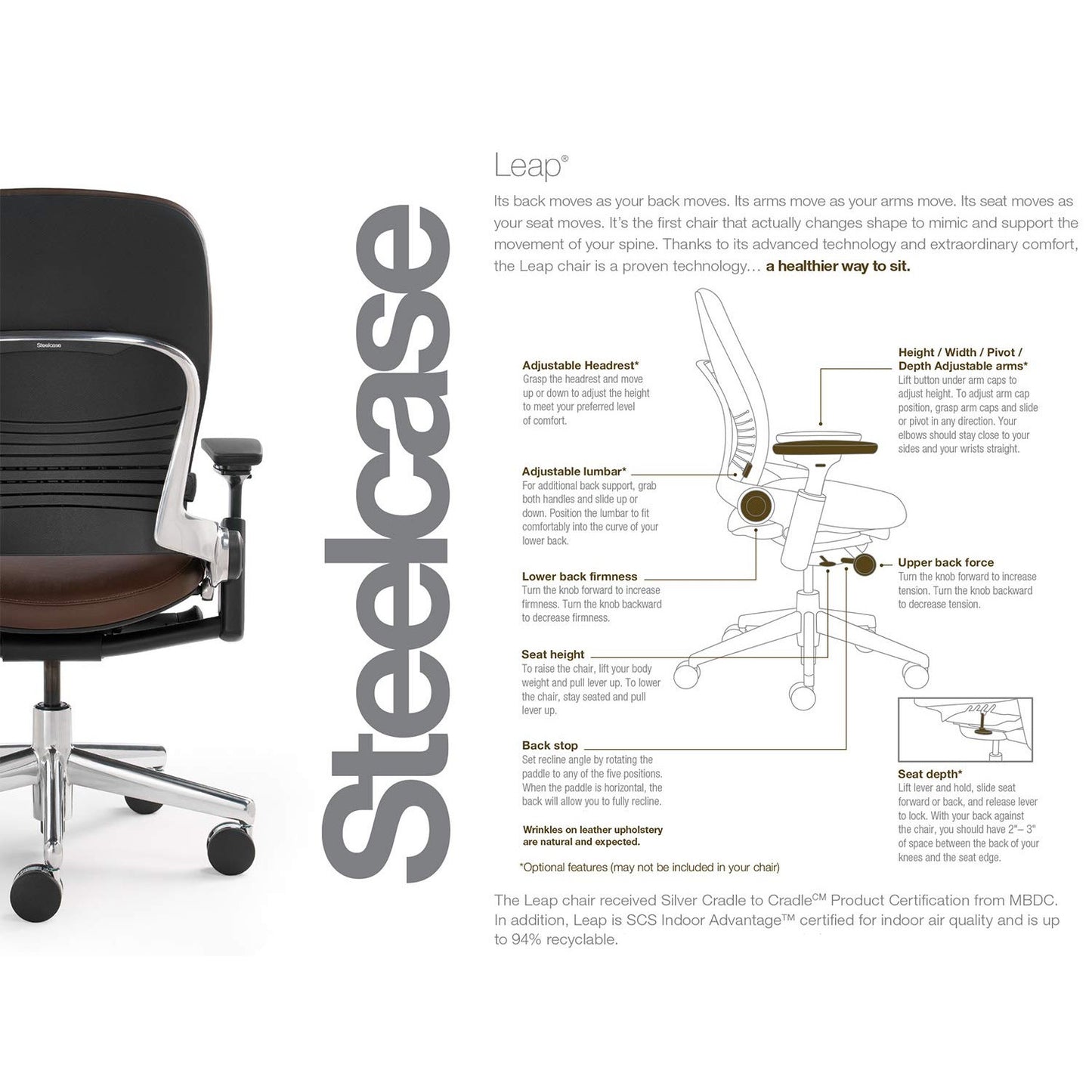 Steelcase Leap Desk Task Chair in Buzz2 5F17 Black Fabric - 4-Way Highly Adjustable Arms - Black Frame and 7" Tall Seat Height Base - Soft Dual Wheel Hard Floor Casters - Medaid International