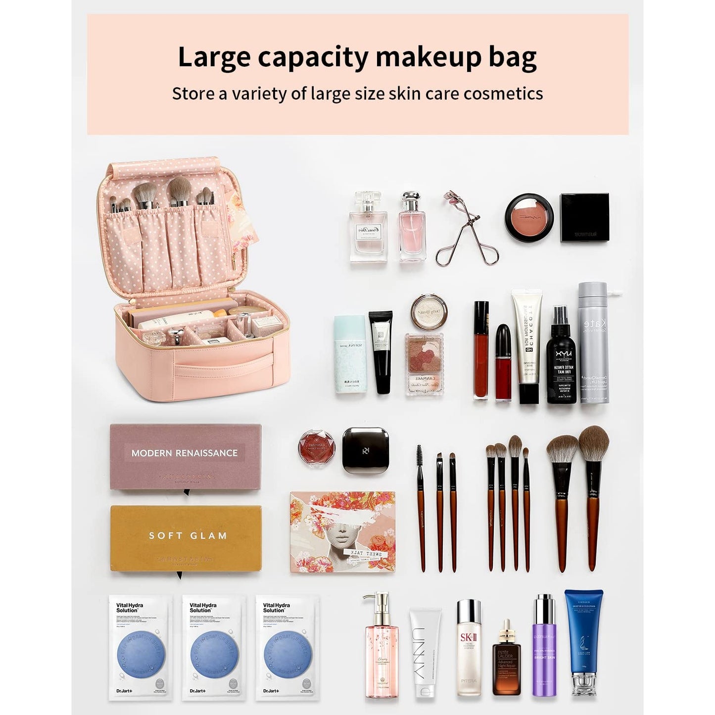 Vlando Travel Makeup Bag, Large Capacity Cosmetic Bag for Women PU Leather Makeup Case Organizer Portable Make up Bag with Dividers and Handle for Girls,Wedding,Makeup Brushes Pink - Medaid International