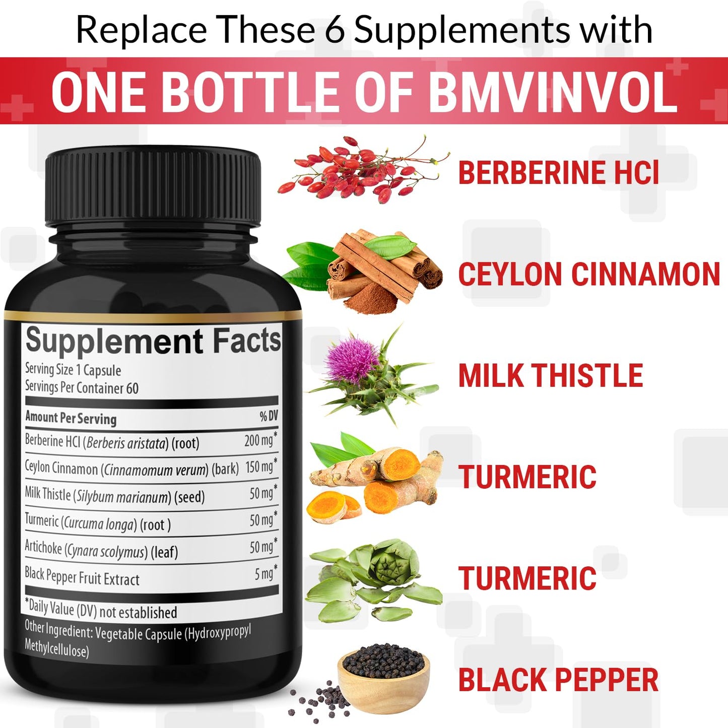 (2 Packs) Berberine Supplement Plus Ceylon Cinnamon, Turmeric, Artichoke, Milk Thistle, Black Pepper - 120 Capsules - 4 Months Supply - Medaid International
