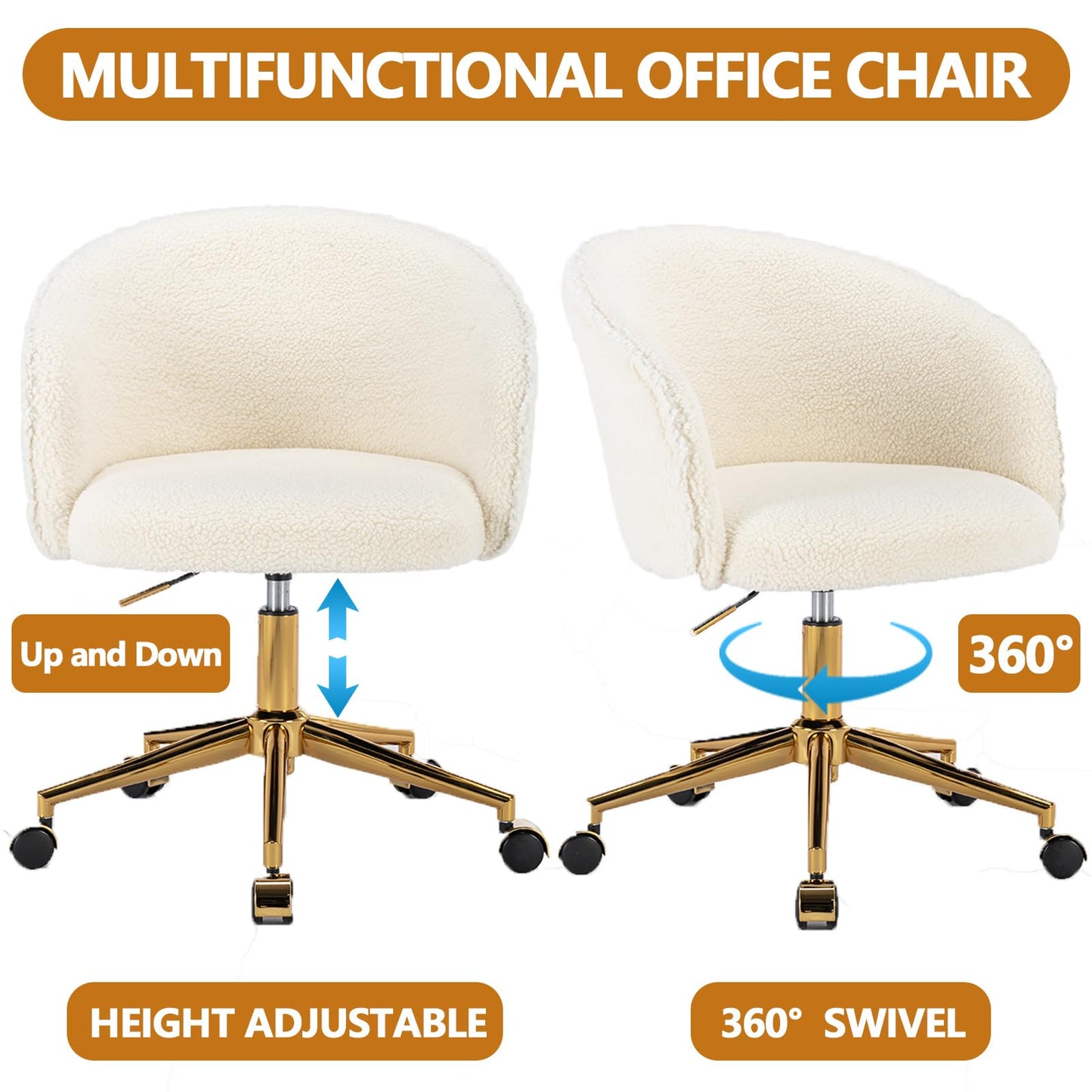 Nahenduo Cute Vanity Chair with Back, Teddy Velvet Desk Chair with Wheels and Gold Legs, Modern Makeup Chairs for Vanity Bedroom Office, Adjustable High 360 Swivel (Teddy White) - Medaid International