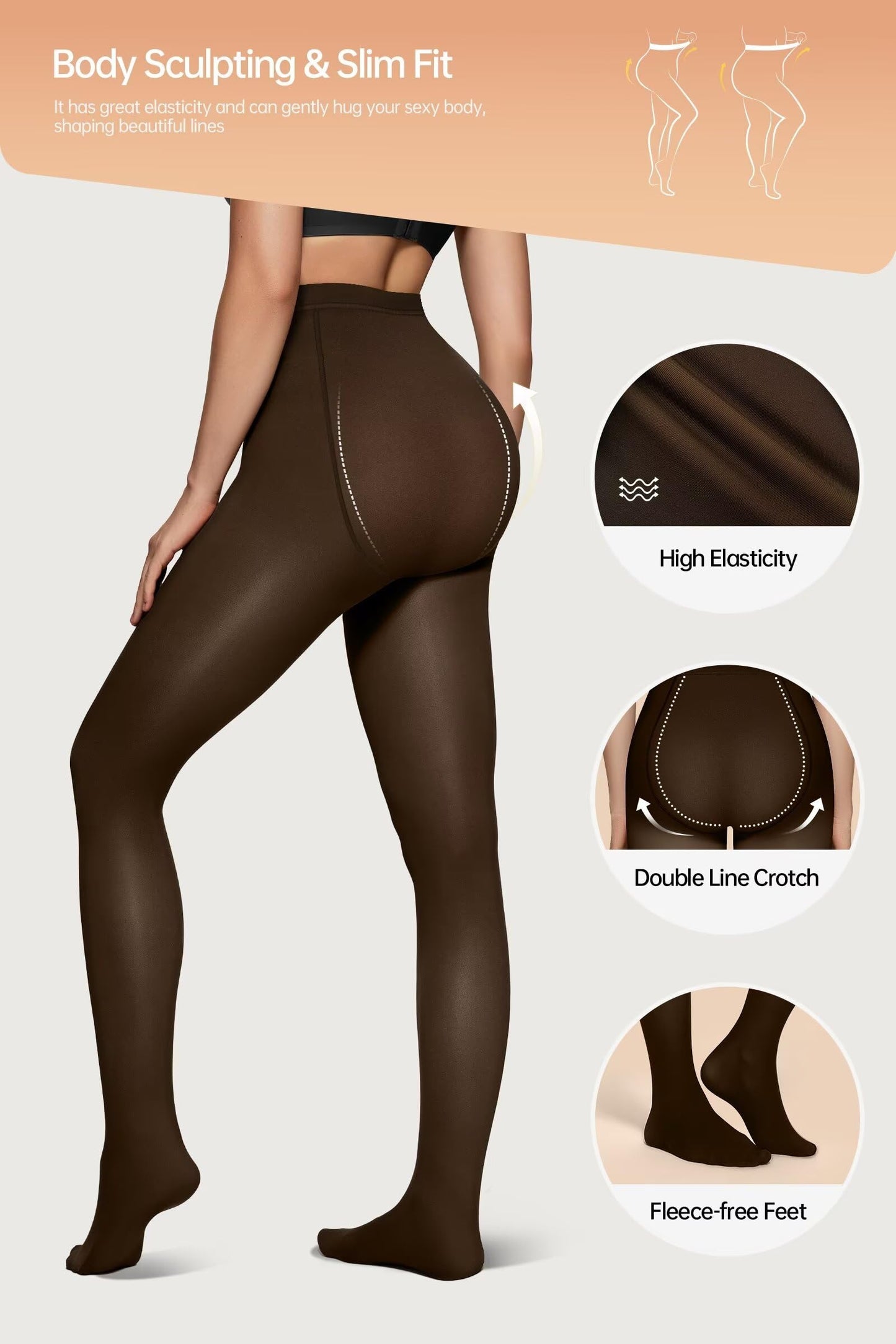 Vertvie 2 Pairs Fleece Lined Tights for Women Thermal Pantyhose Fake Translucent Winter Warm Tights Thick Leggings (220g-Thin Fleece,Coffee Sheer/Black Sheer,Small-Medium) - Medaid International