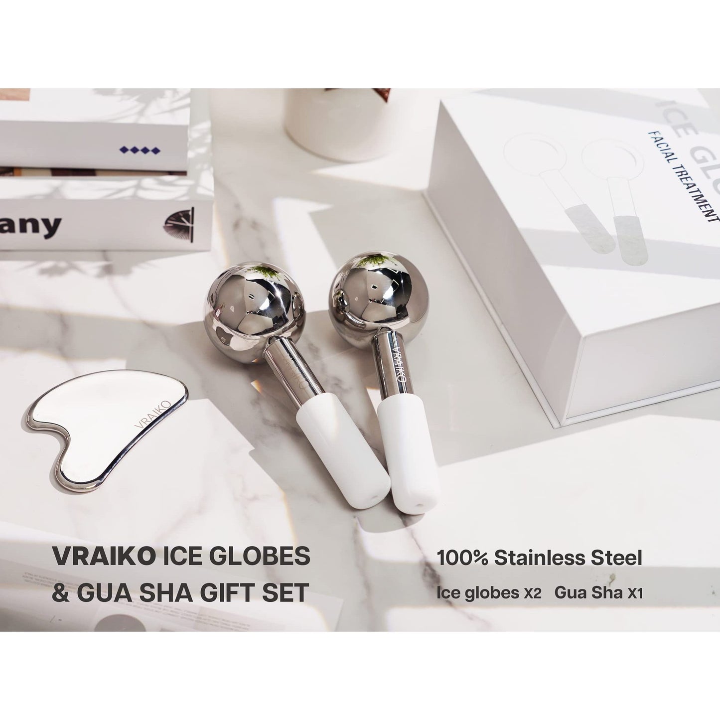 VRAIKO ICE Globes for Facials & Gua Sha Set, Gua Sha Facial Tools and Cryo Sticks with Unbreakable Steel, Face Massager Cooling Rollers for Dark Circles, Puffiness and Lymphatic Drainage (White) - Medaid International