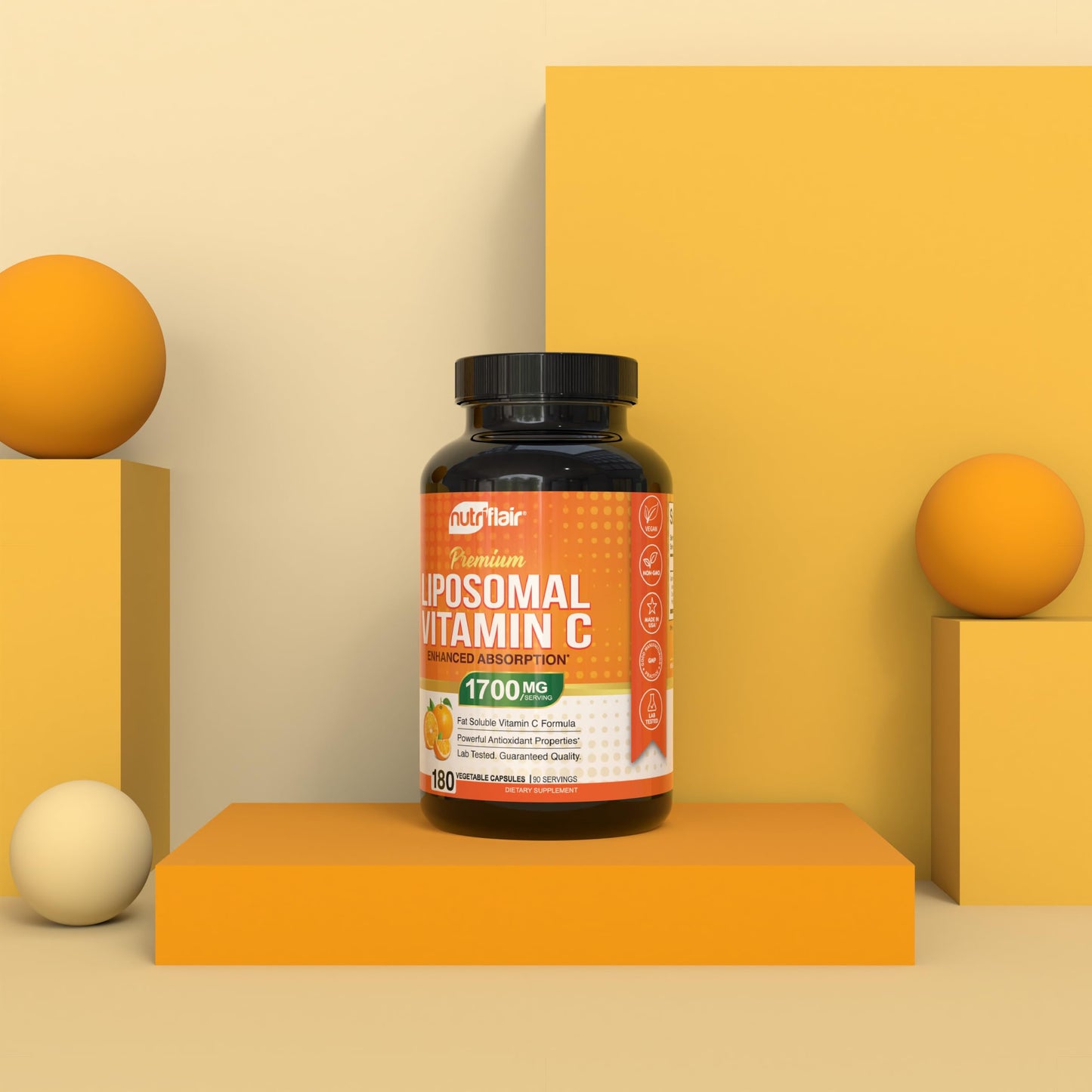 NutriFlair Liposomal Vitamin C 1700mg, 180 Capsules - High Absorption, Fat Soluble VIT C, Higher Bioavailability Immune System Support & Collagen Booster, Non-GMO, Vegan Pills - Medaid International