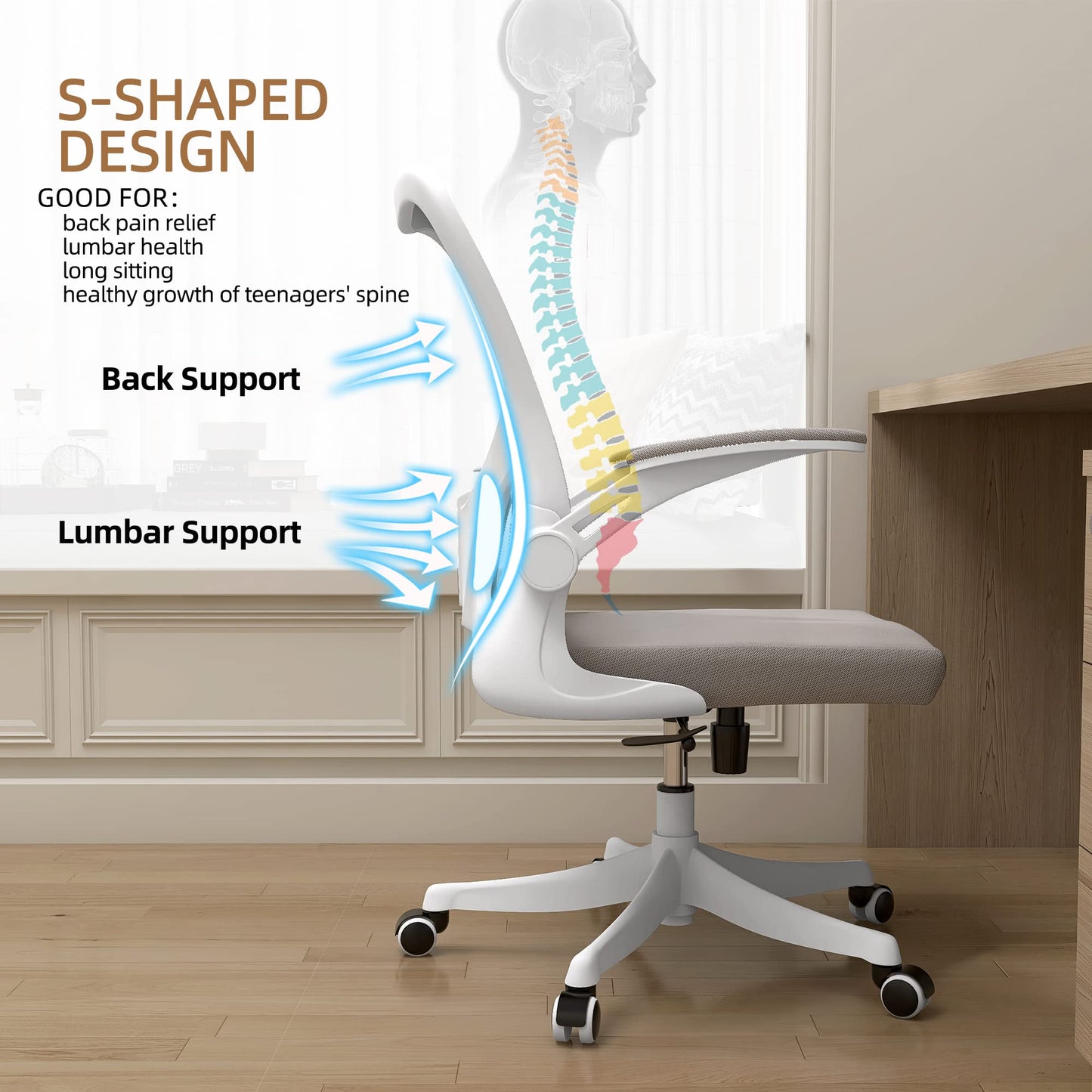 Monhey Office Chair Ergonomic Desk Chair with Lumbar Support&Headrest&Flip-up Arms Height Adjustable Rocking Swivel High Back Computer Chair Warm Taupe Mesh Study Chair (01Khaki) - Medaid International