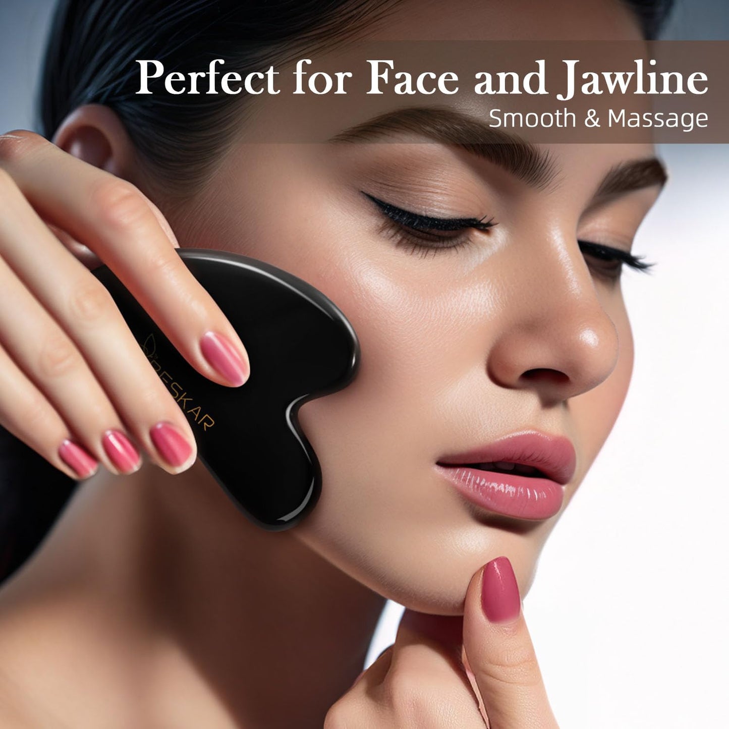 BESKAR Gua Sha Facial Tools, Natural Jade Stone Guasha Massager for Jawline Sculpting, Tighten Face Skin and Reduce Wrinkles, Face Eyes Body Neck Massage Tool, Skin Care Gift (Black) - Medaid International