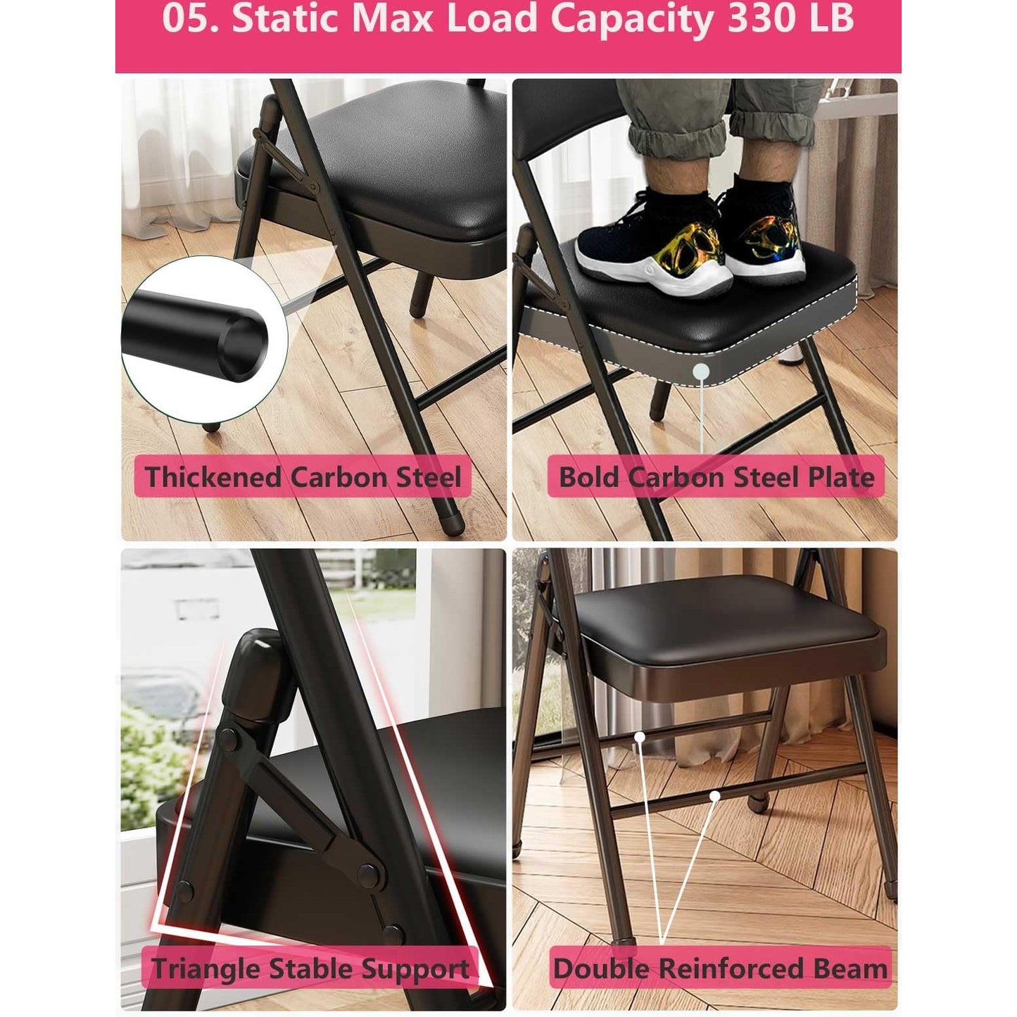 KAOCHA 1 Pack Bulk Folding Chairs with Padded Cushion, Single Black Steel Metal Frame Foldable Chair for Indoor and Outdoor, Portable Stackable Commercial Seat for Bedroom Patio Party Event - Medaid International