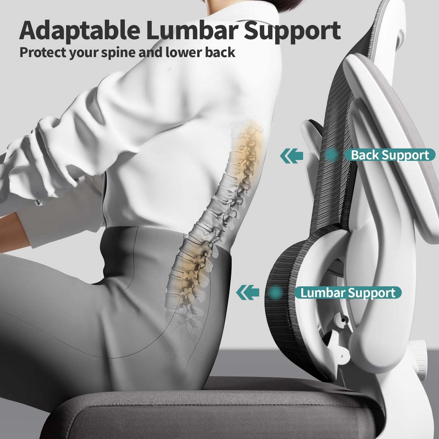 TRALT Office Chair - Ergonomic Desk Chair with Adjustable Lumbar Support, Mesh Computer Chair, Executive Chairs for Home Office Comfortable Lumbar Support (White) - Medaid International