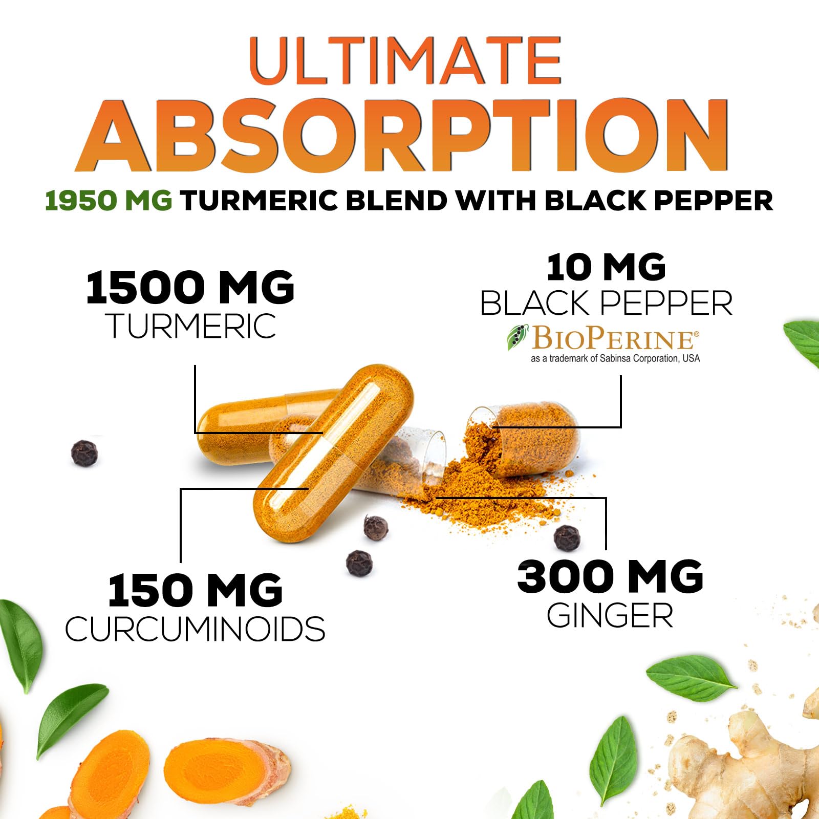 Turmeric Curcumin Supplement 1950mg - 95% Curcuminoids with Organic Turmeric & Ginger, BioPerine Black Pepper for Best Absorption, Nature's Vegan Joint Support, Non-GMO, Bottled in USA - 240 Capsules - Medaid International