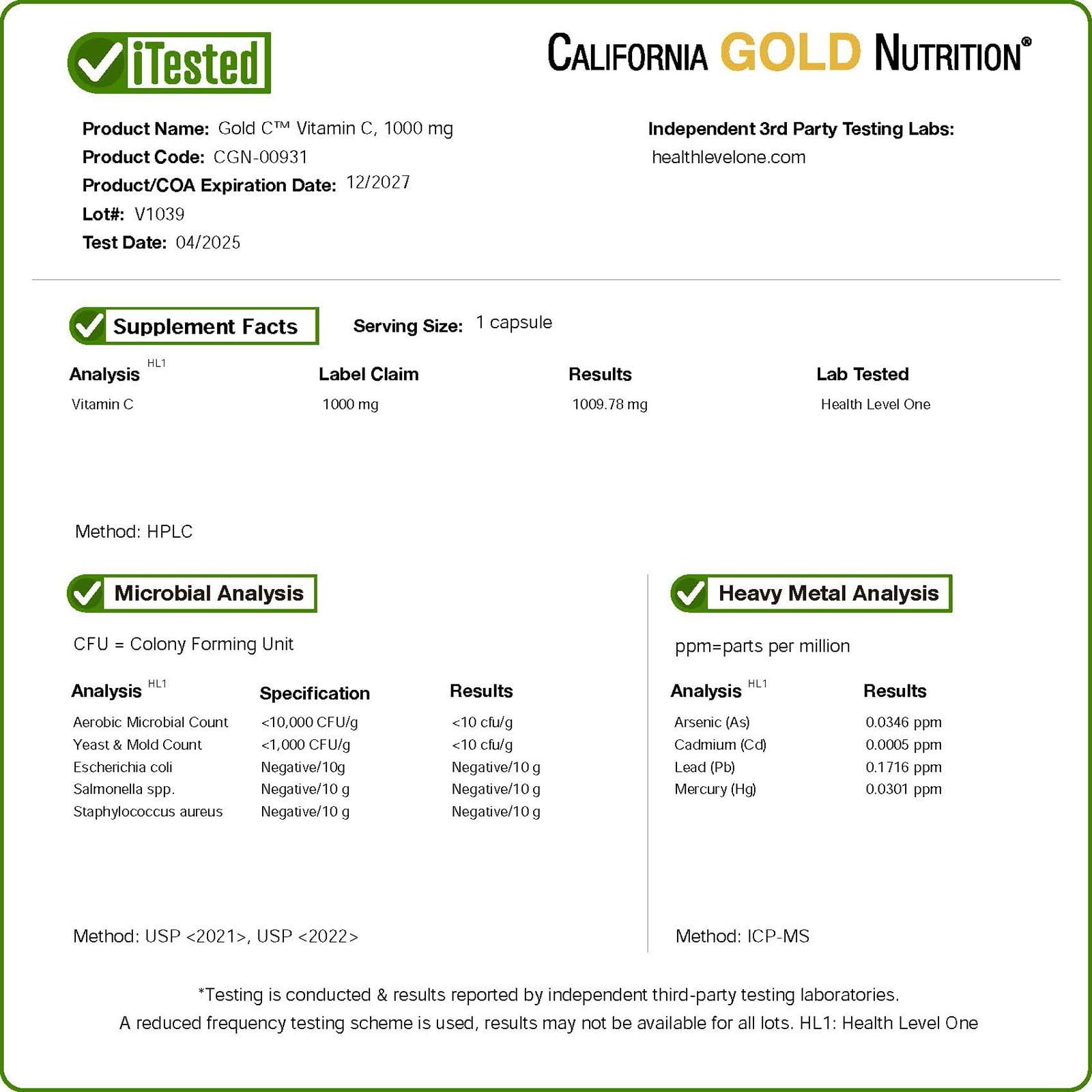 California Gold Nutrition Gold C™, USP Grade Vitamin C, 1,000 mg, 60 Veggie Capsules - Medaid International