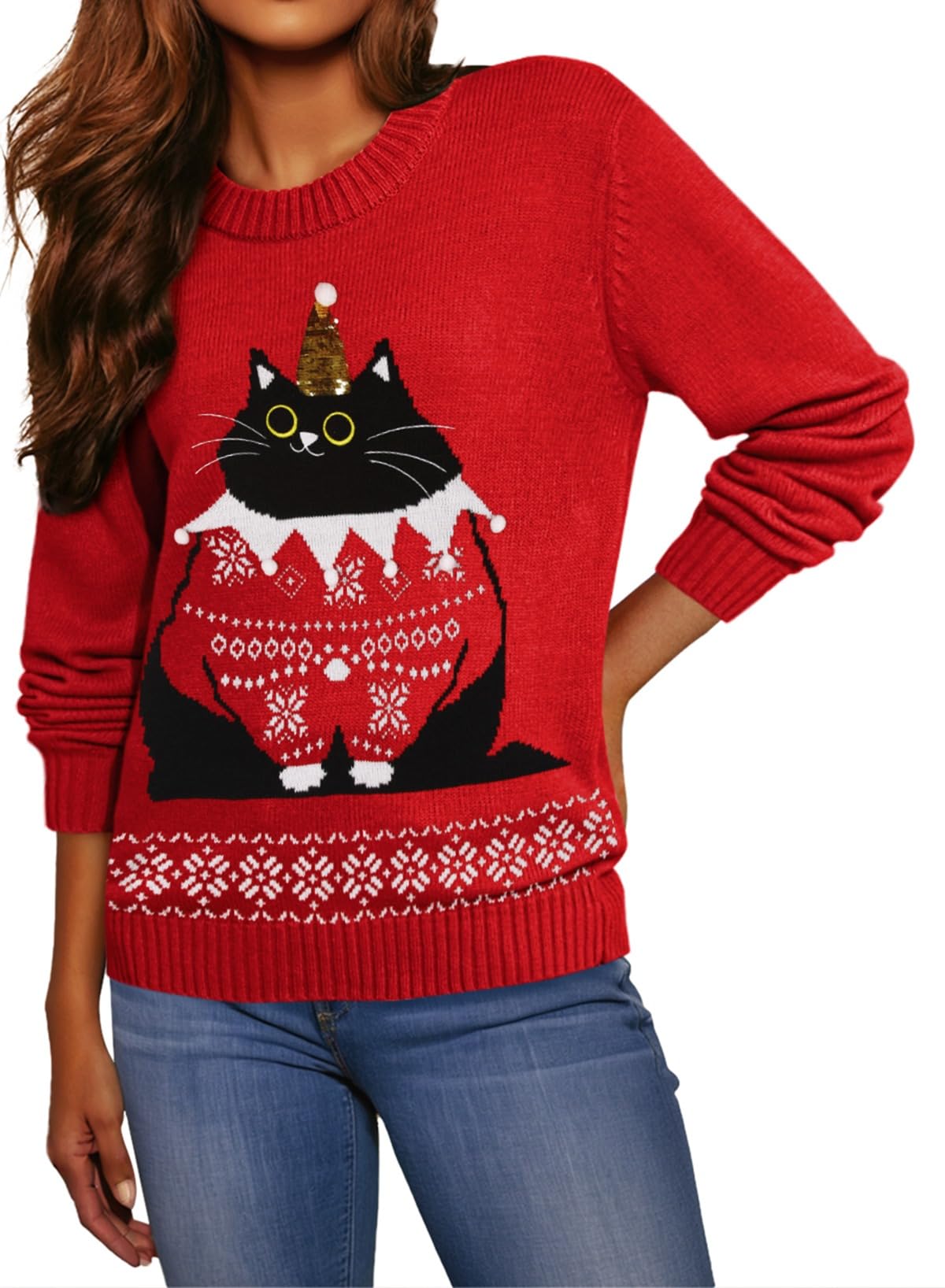 Pink Queen Women's Ugly Christmas Santa Snowflake Cat Print Knitted Winter Pullover Sweater Jumper Top Dark Red M - Medaid International