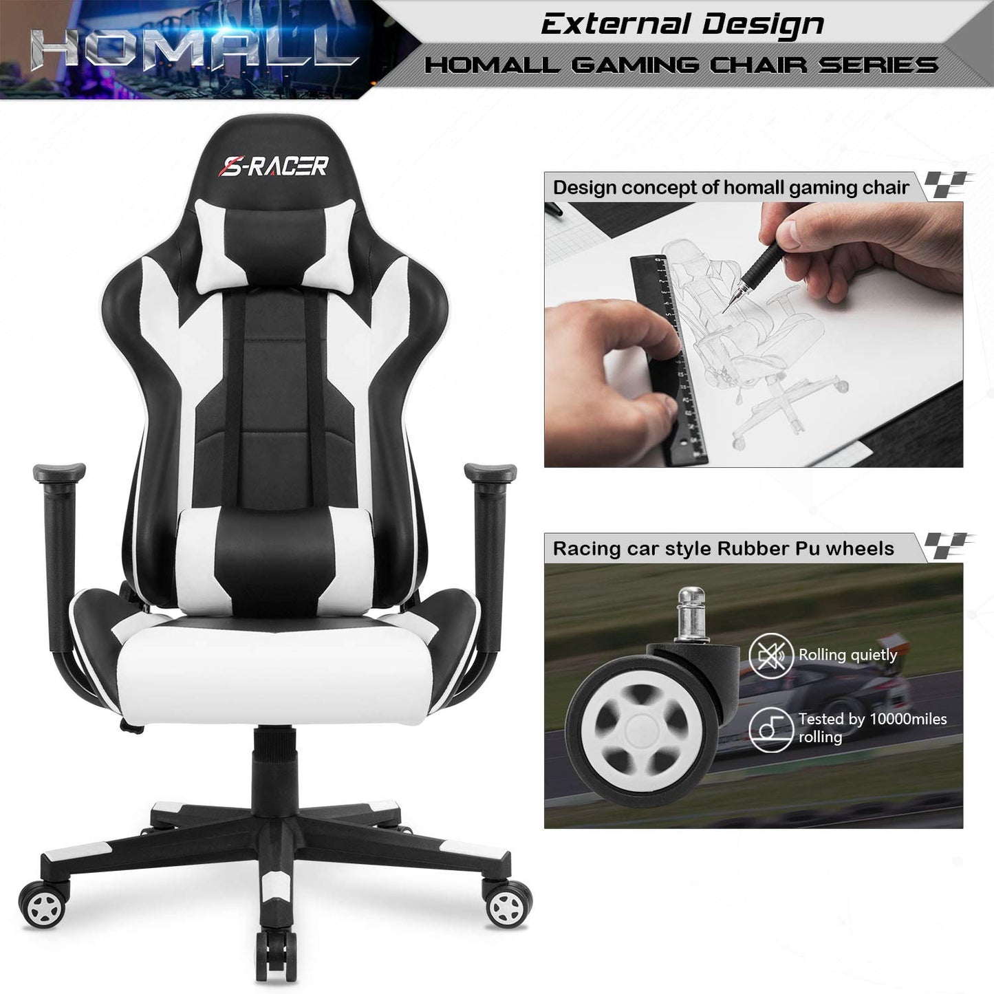 Homall Gaming Chair, Office Chair High Back Computer Chair Leather Desk Chair Racing Executive Ergonomic Adjustable Swivel Task Chair with Headrest and Lumbar Support (White) - Medaid International