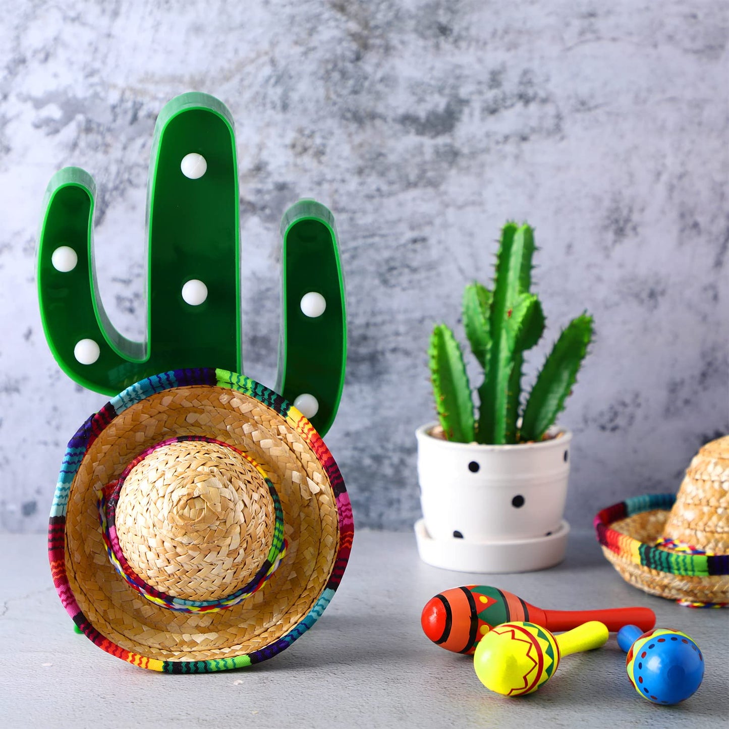 12 Pcs Colorful Wooden Maracas and 6 Pcs Mini Sombrero Hats - Mexican Fiesta Party Favors and Supplies for Carnivals - Medaid International