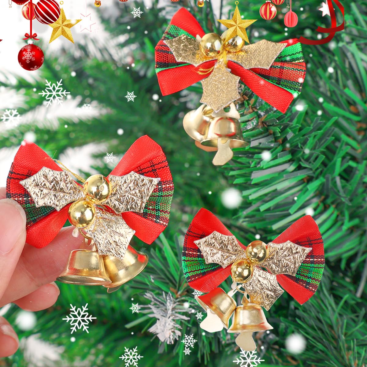 4pcs Christmas Mini Bow Bell Ornament DIY Xmas Tree Wreath Party Festive Home Decoration Bells Pendant,Mixed (3 * 4.5cm) - Medaid International