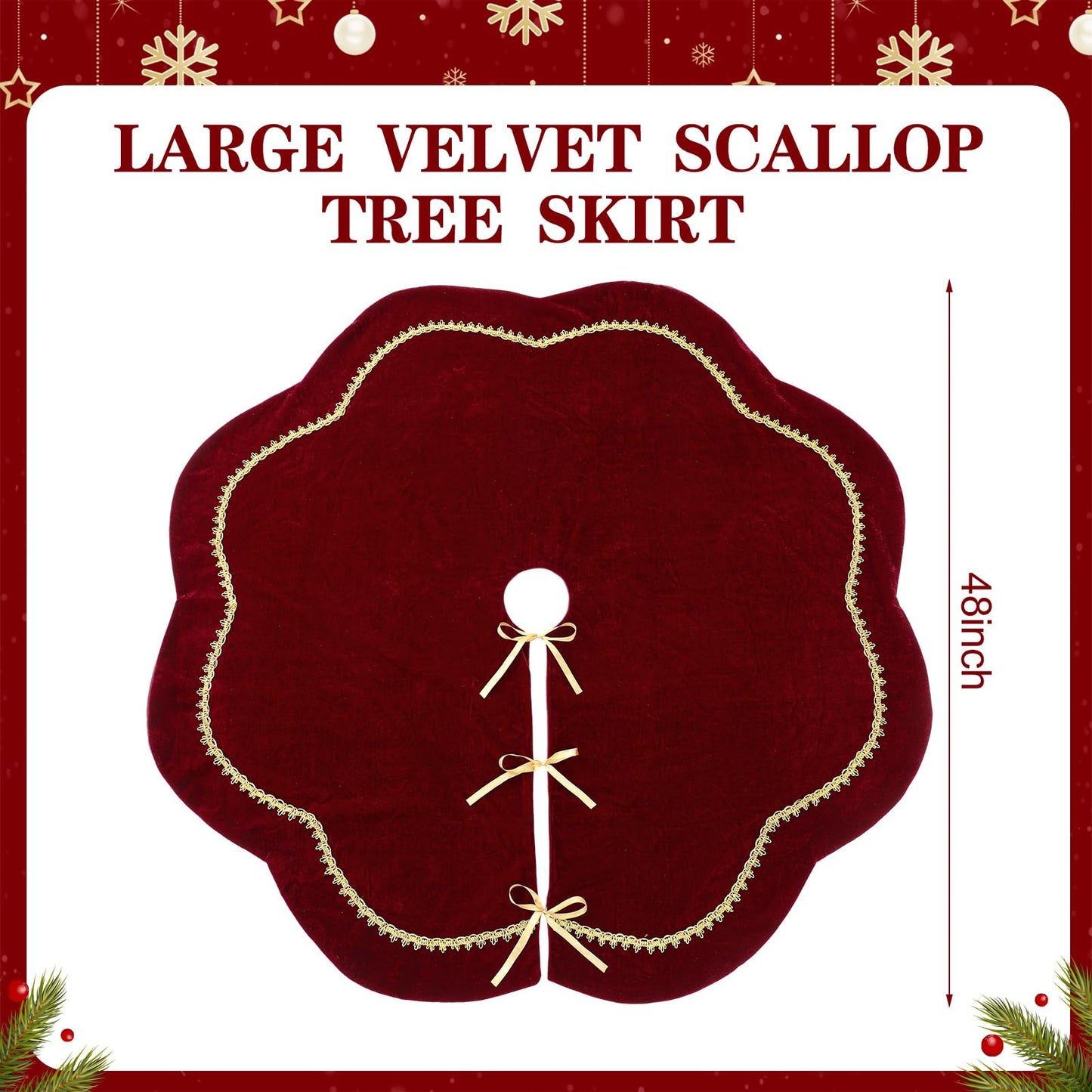 Arrowbash Christmas Tree Skirt 48 Inch Red Velvet Fur Scallop Tree Skirt Sparking Gold Lace Trim for Party Rustic Xmas Holiday Decorations All Year - Medaid International