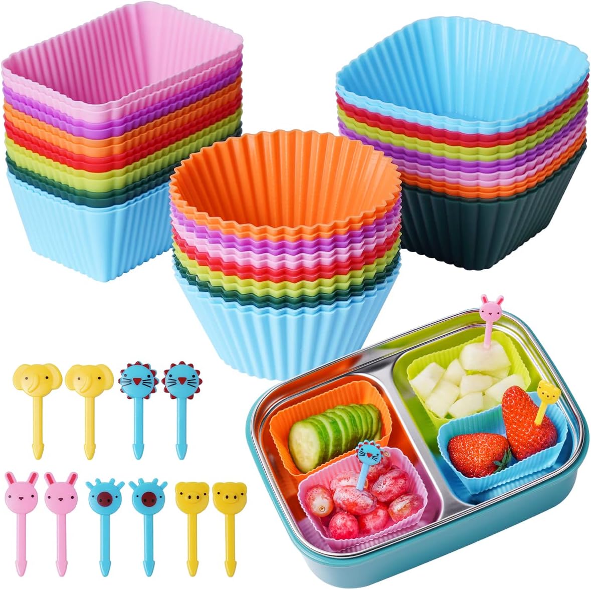 Doiaz Silicone Lunch Bento Box, 52 Pack Bento Lunch Box Bundle Dividers with Food Picks Lunch Accessories, Durable, Reusable, BPA-Free, Freezer and Dishwasher Safe - Medaid International