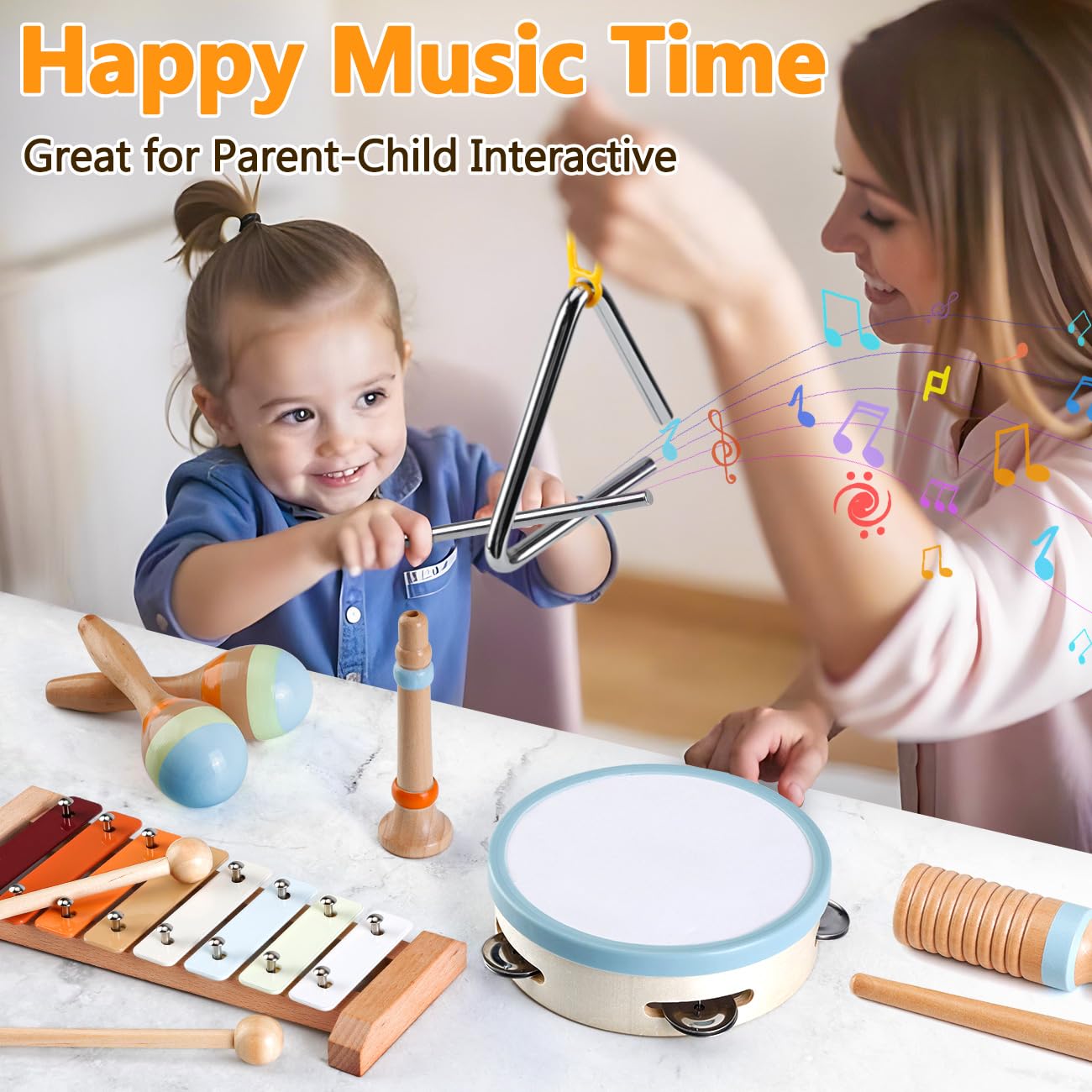 Baby Musical Instruments - Montessori Musical Toys for Toddlers 1-3, Wooden Percussion Instruments Set, Neutral Colors Modern Boho Music Toys for 1 Year Old, Kids Preschool Educational Birthday Gifts - Medaid International