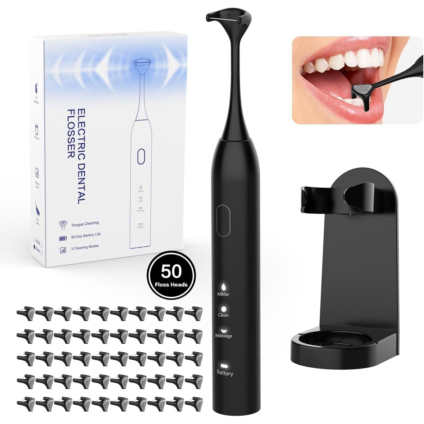 Voraiya Advanced Electric Flosser Dental Floss | Gum Stimulator | Tongue Scraper | Rechargable Power Flosser for Teeth Cleaning | Effective Plaque Removal for Adults & Kids (50 Floss Heads) - Medaid International