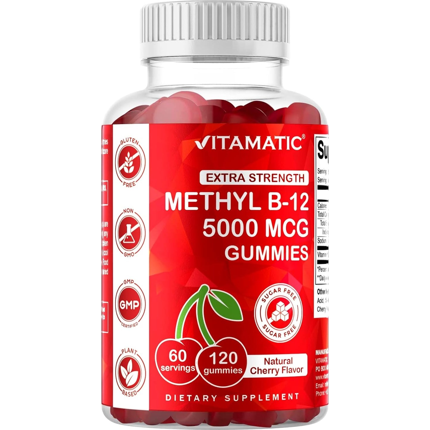 Vitamatic Extra Strength Vitamin B12 5000 mcg (Methyl B12) Gummies - 120 Count - Energy Metabolism Support and Nervous System Health Support, Natural Cherry Flavored (1) - Medaid